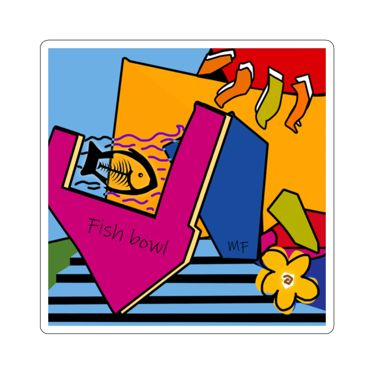 Dog Box series, multicolored graphic Fish bowl sticker by artist Marie Frederique