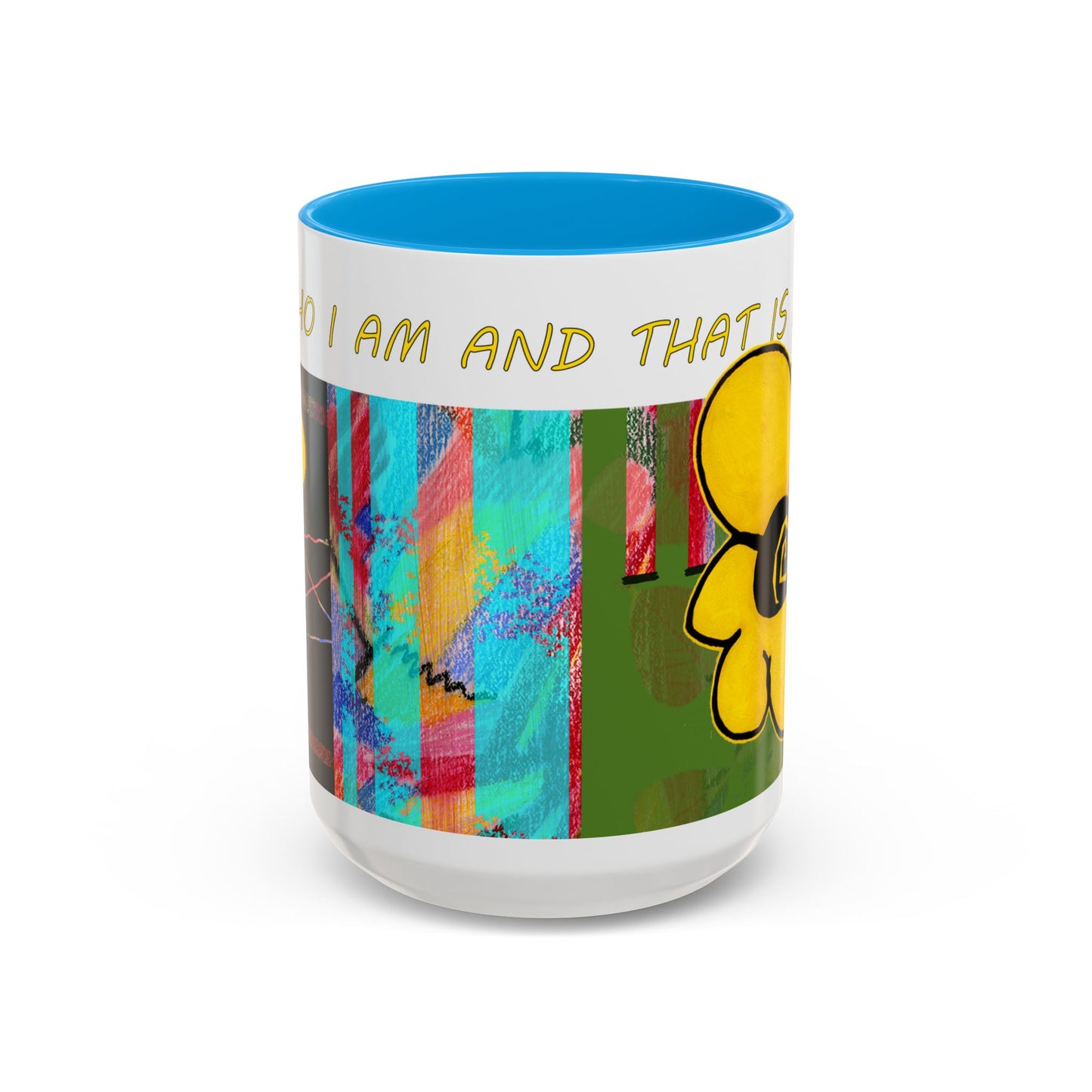 I am who I am and that is enough, multicolored abstract mug by artist Marie Frederique