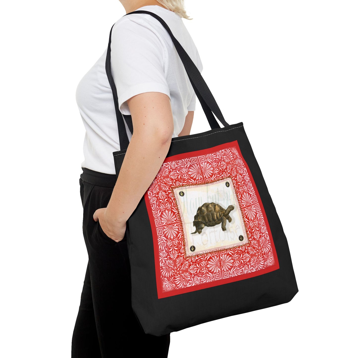 Tortoise, Red on black Tote Bag by artist Marie Frederique