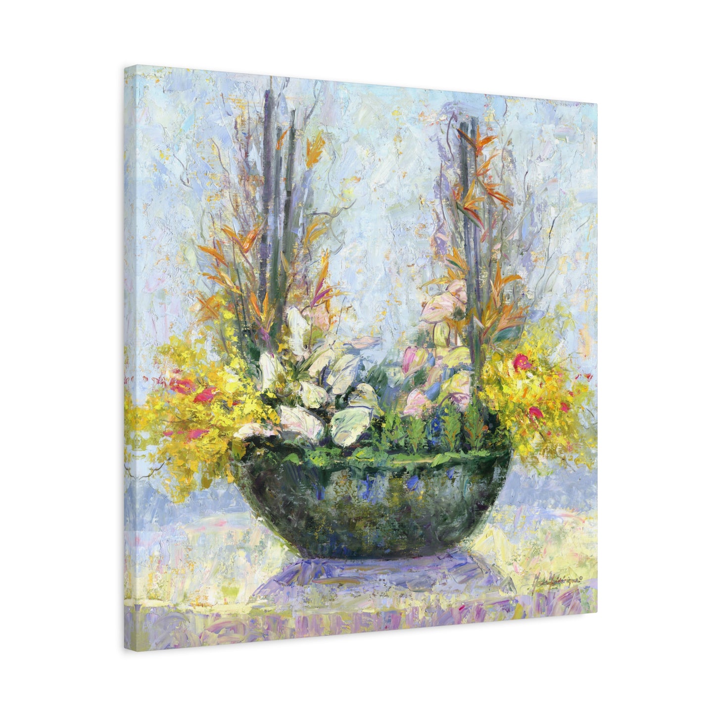 Floral Arrangement, Painterly style with Yellow and Blue - Oil Painting Print by artist Marie Frederique