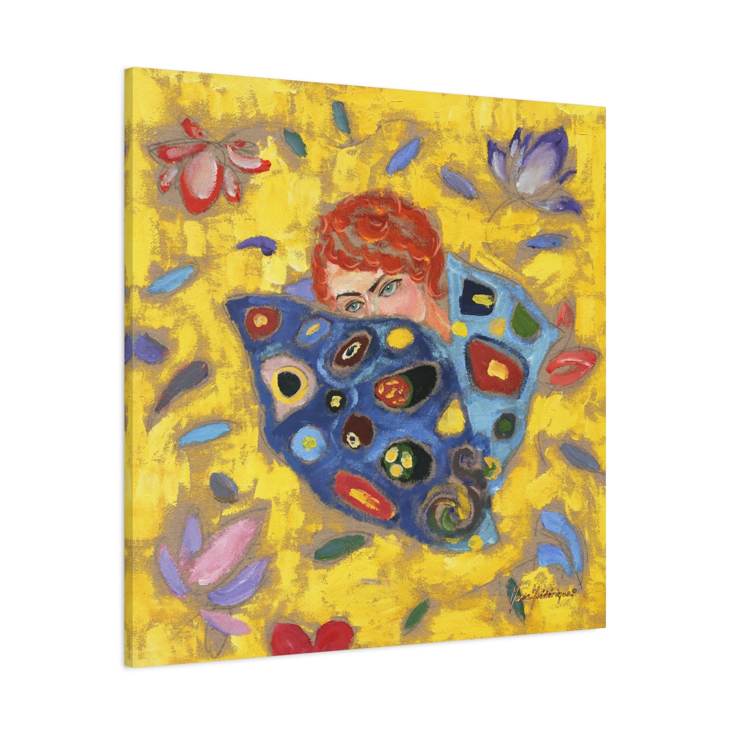 Rose 2 with vibrant yellow and blue Canvas Wall Art by artist Marie Frederique