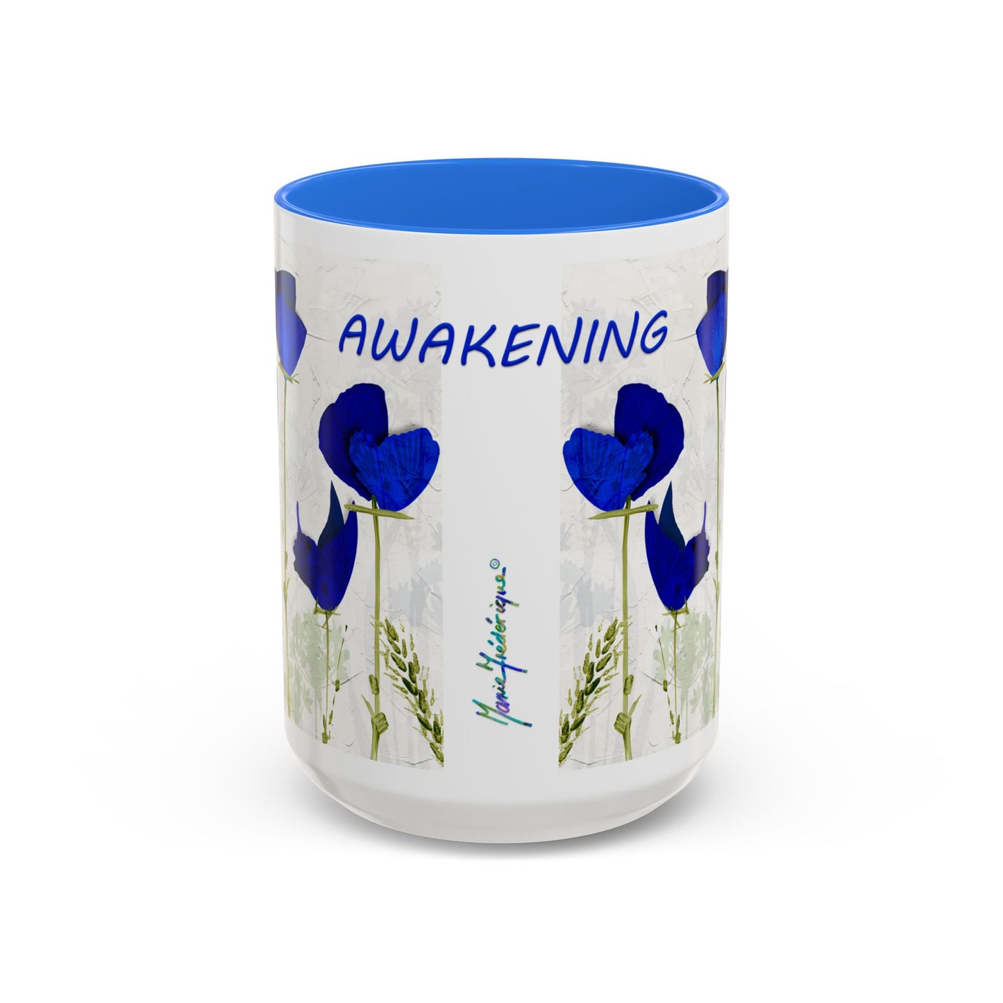 I am awakening, Butterfly flowers in blues. Colorful Mug by Artist Marie Frederique