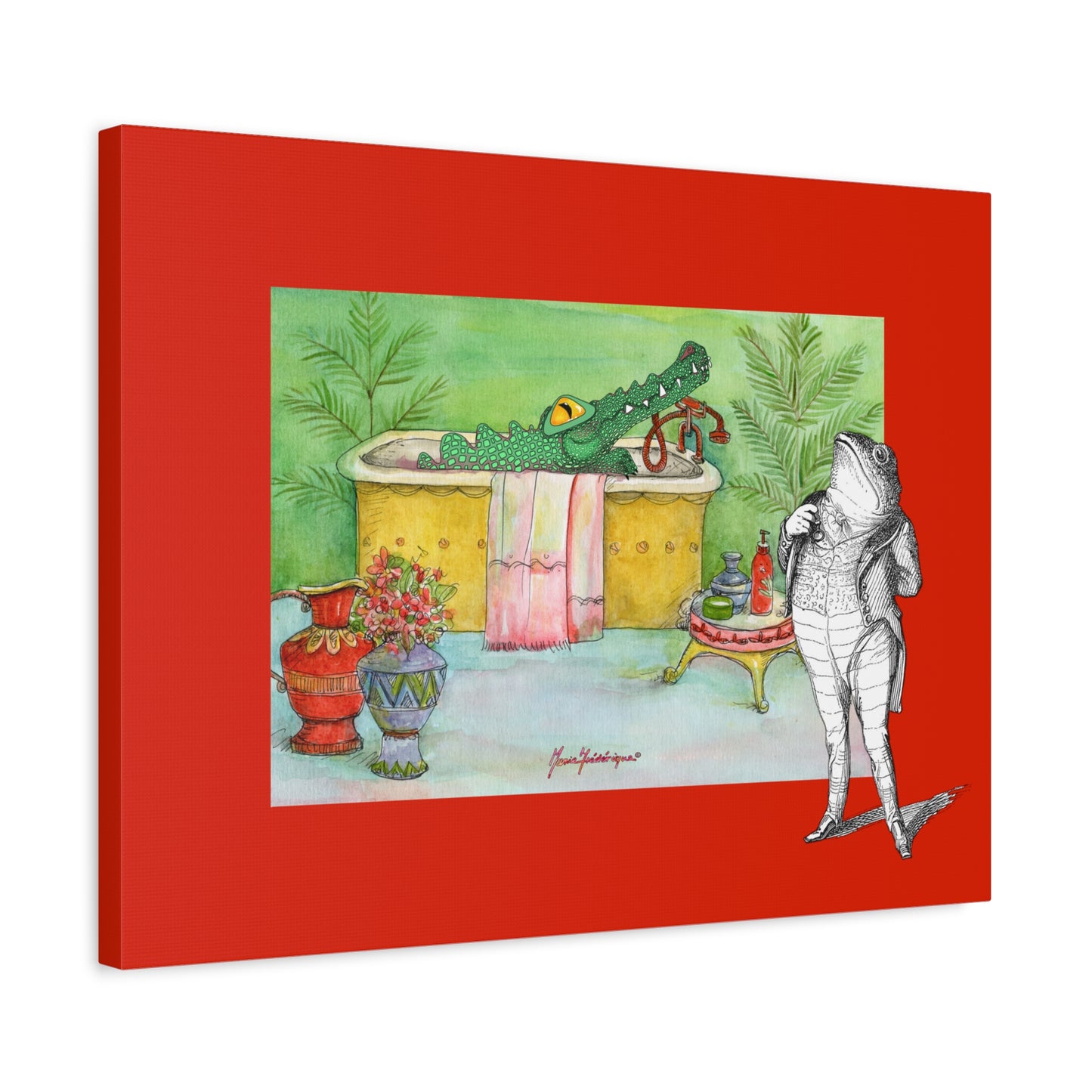 Funny Alligator Bath Canvas Wall Art — Whimsical Animal Bathroom Decor by artist Marie Frederique