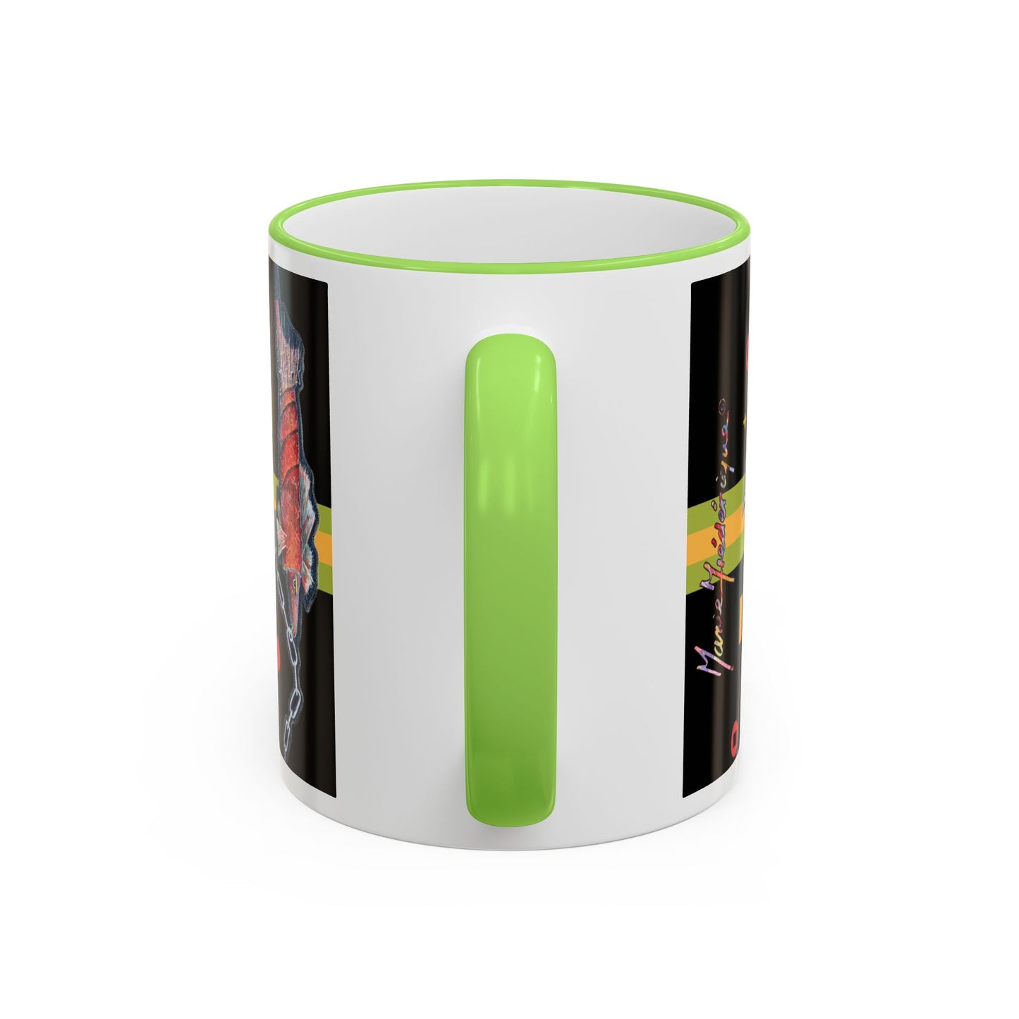 Abstract Neon Fish Pattern Mug — Accent Rim & Handle Ceramic Coffee Cup (11oz/15oz) by artist Marie Frederique