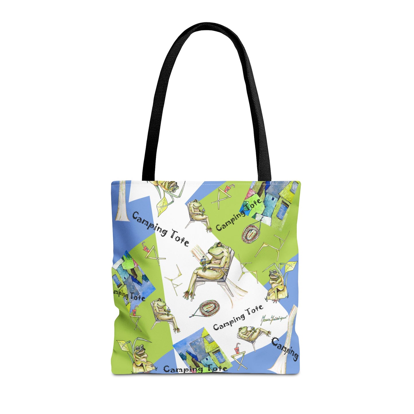 Camp Frog Adventure Tote Bag by artist Marie Frederique