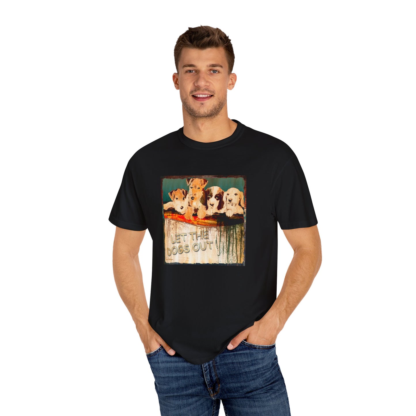 'Let the Dogs Out' Unisex T-Shirt - Fun Retro Pet Lover Tee by artist Marie Frederique