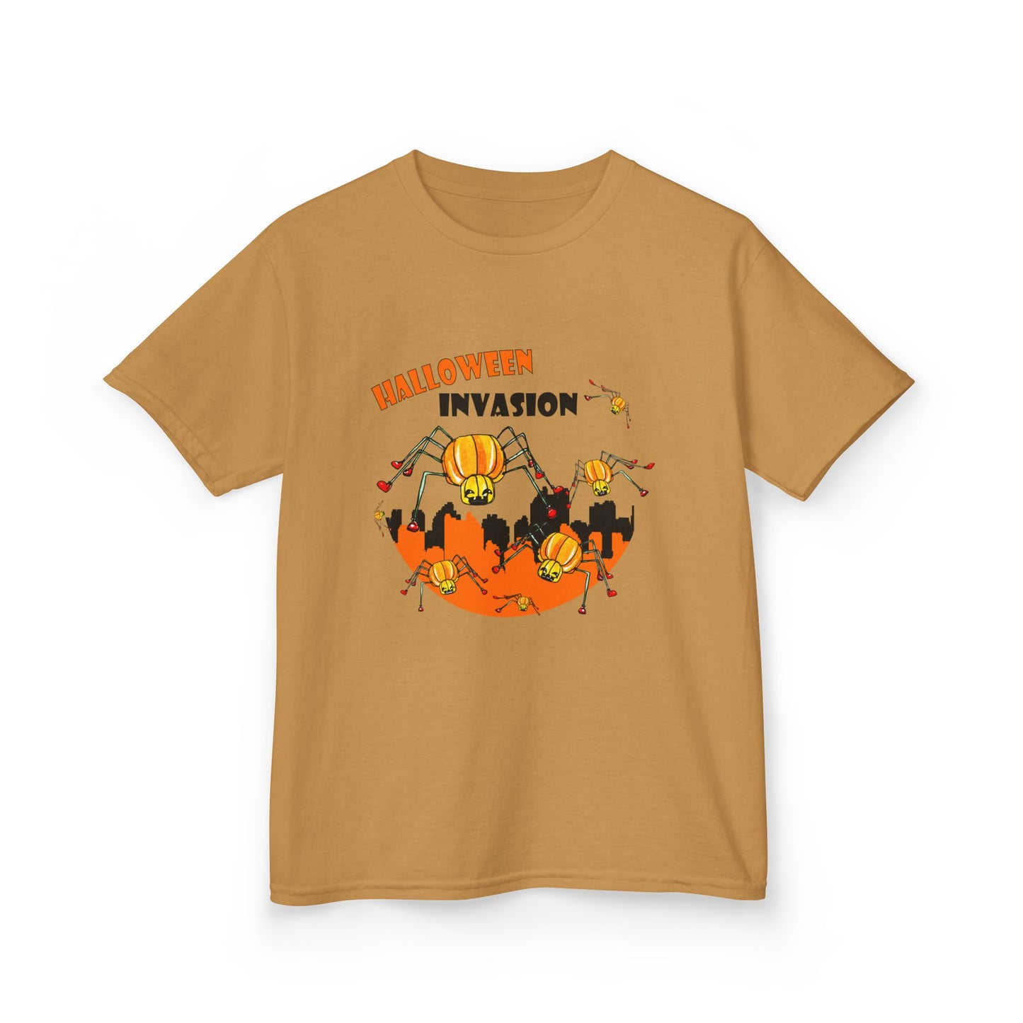Kids Halloween Tee - Invasion of the Pumpkin Spiders Design by artist Marie Freder1que