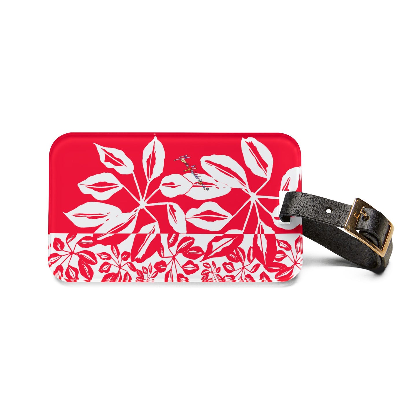 Luggage Tag, Tropical Leaves in Red and White by artist Marie Frederique