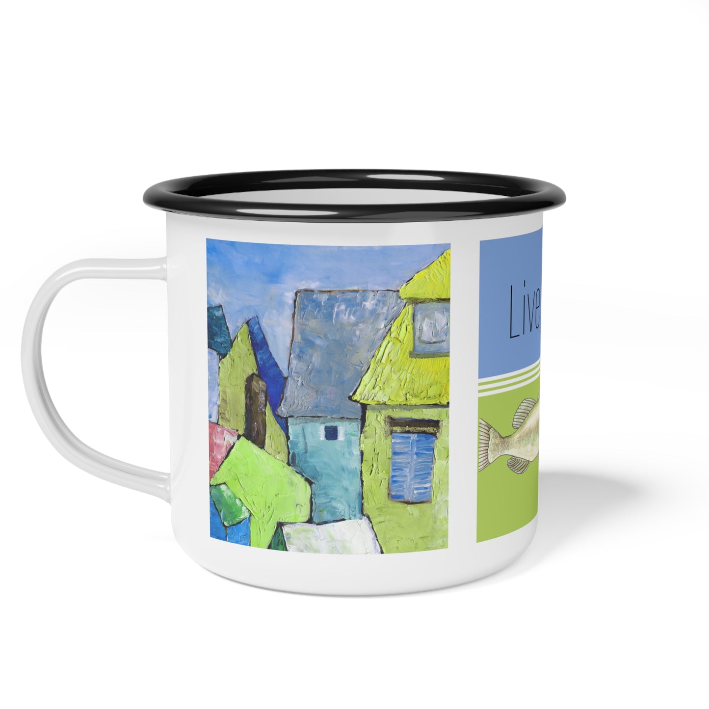 Hang in there, Fishing & Frog lovers metal mug by artist Marie Frederique