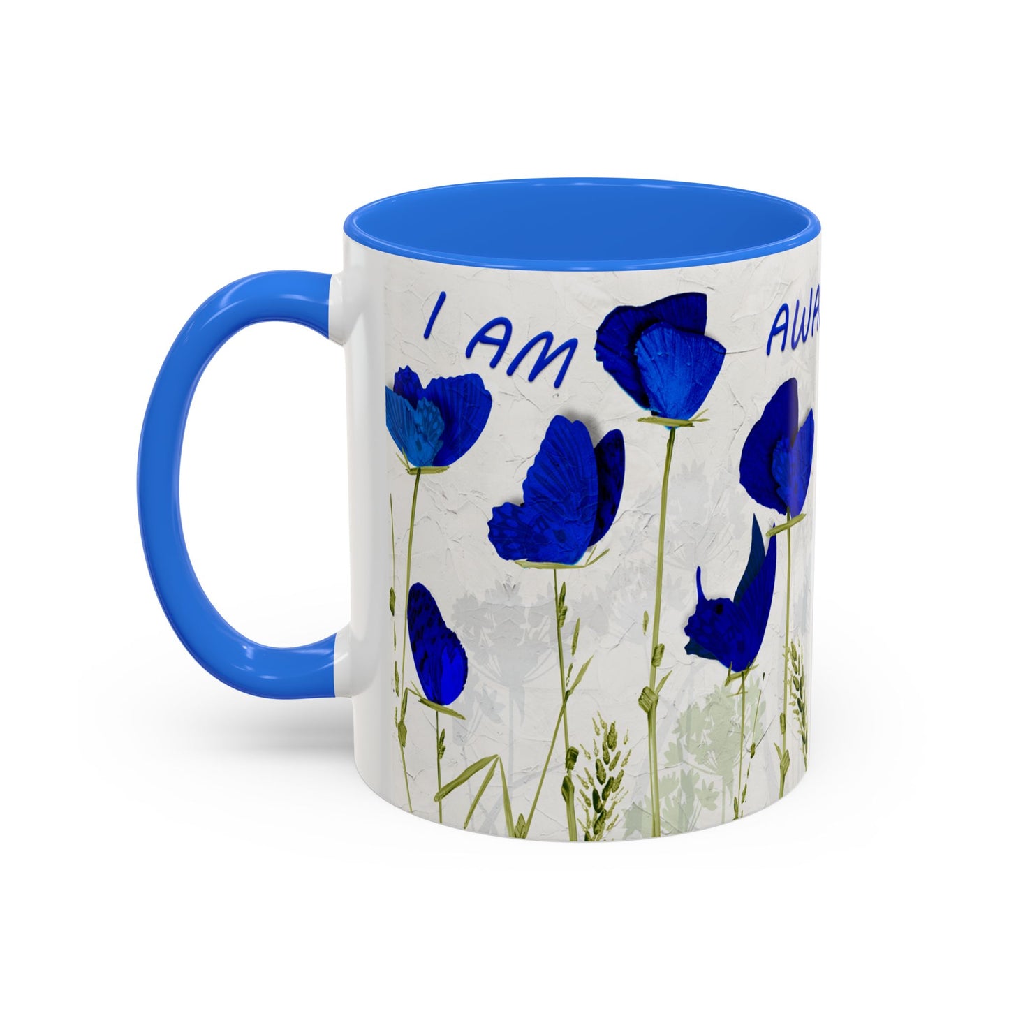 I am awakening, Butterfly flowers in blues. Colorful Mug by Artist Marie Frederique