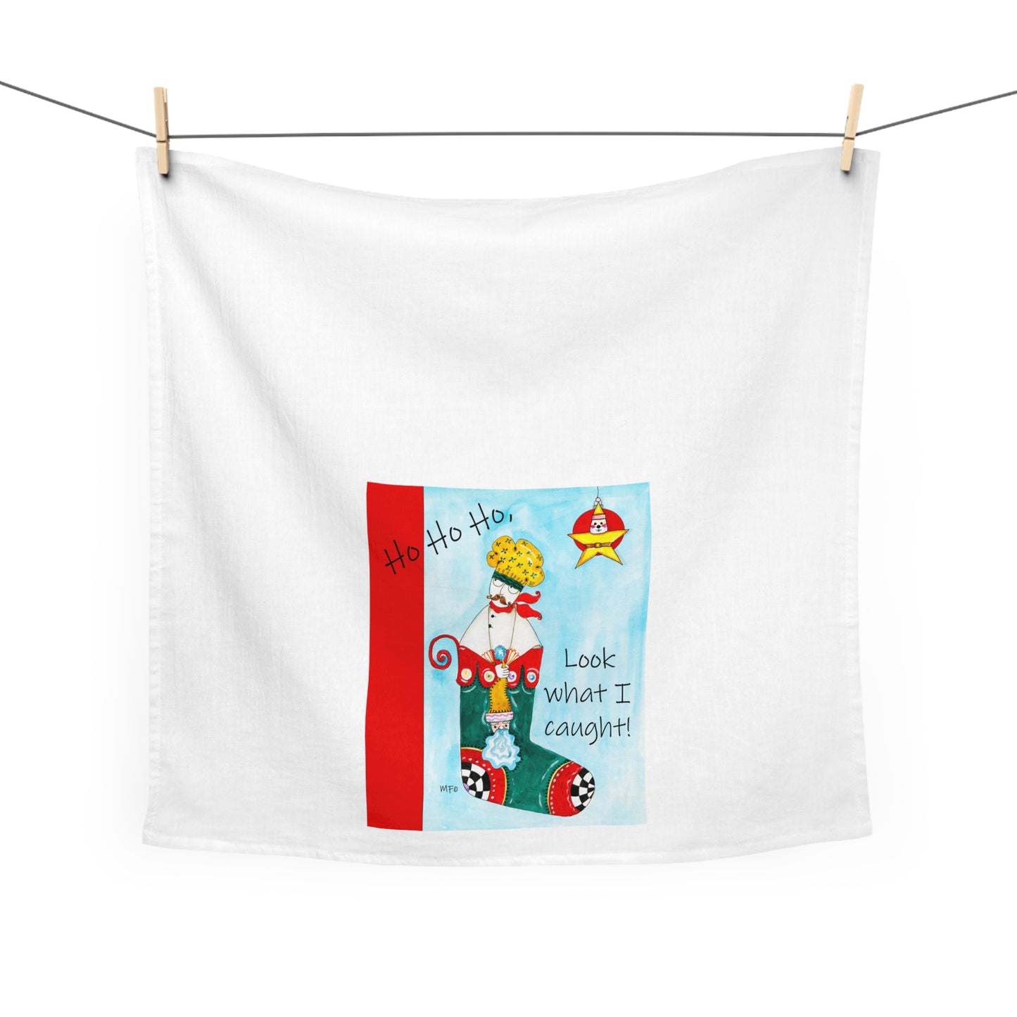Christmas Chef Tea Towel - Ho Ho Ho, Look what I caught! by artist Marie Frederique