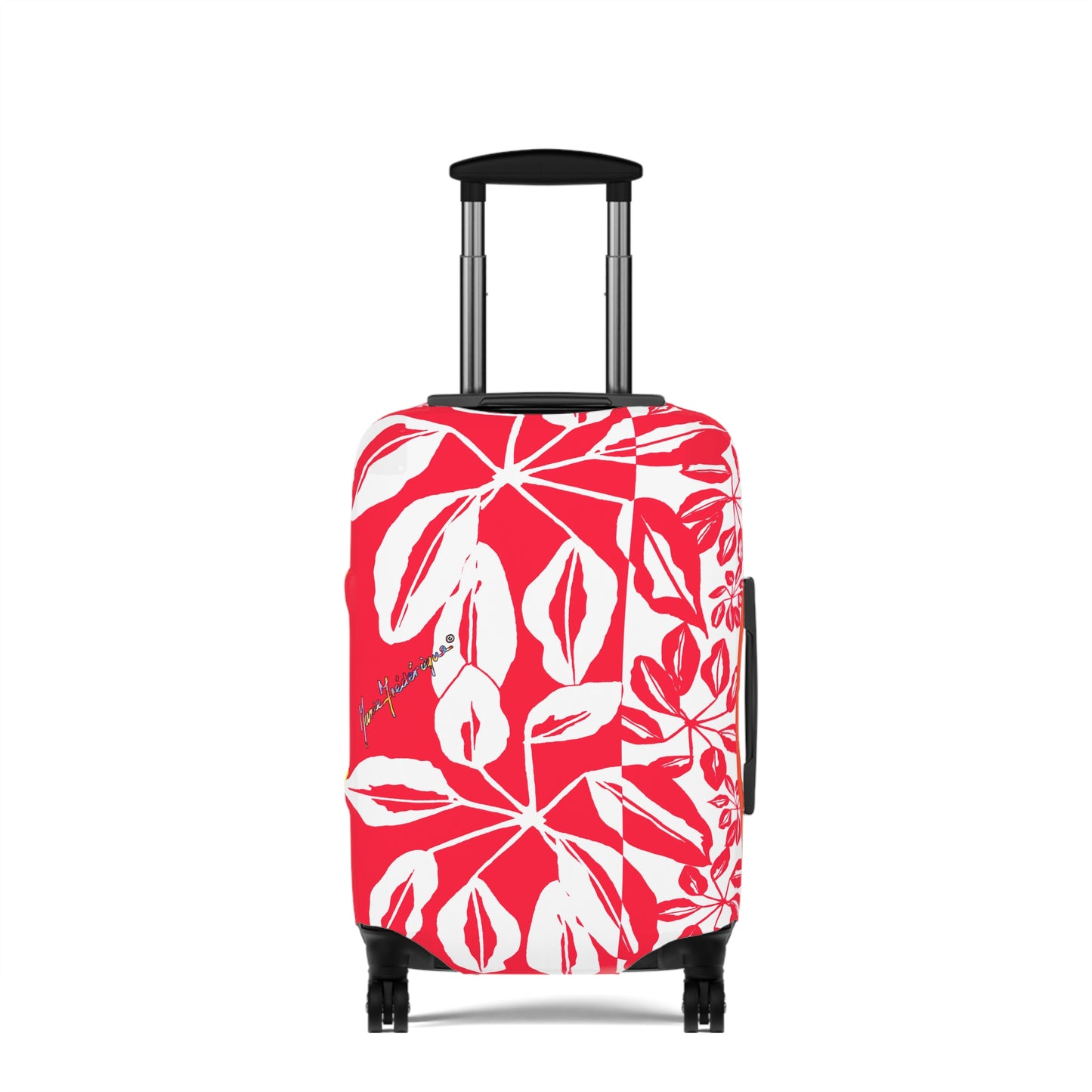 Luggage Cover, Tropical leaves in Red and White by artist Marie Frederique