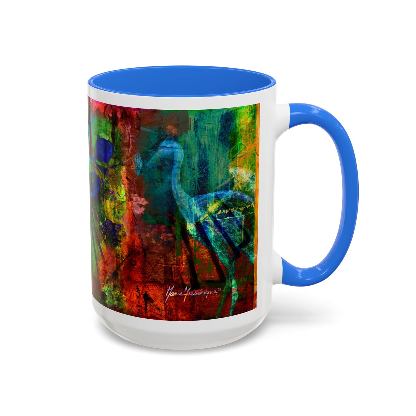 Blue Crane, Abstract Colorful Mug by Artist Marie Frederique