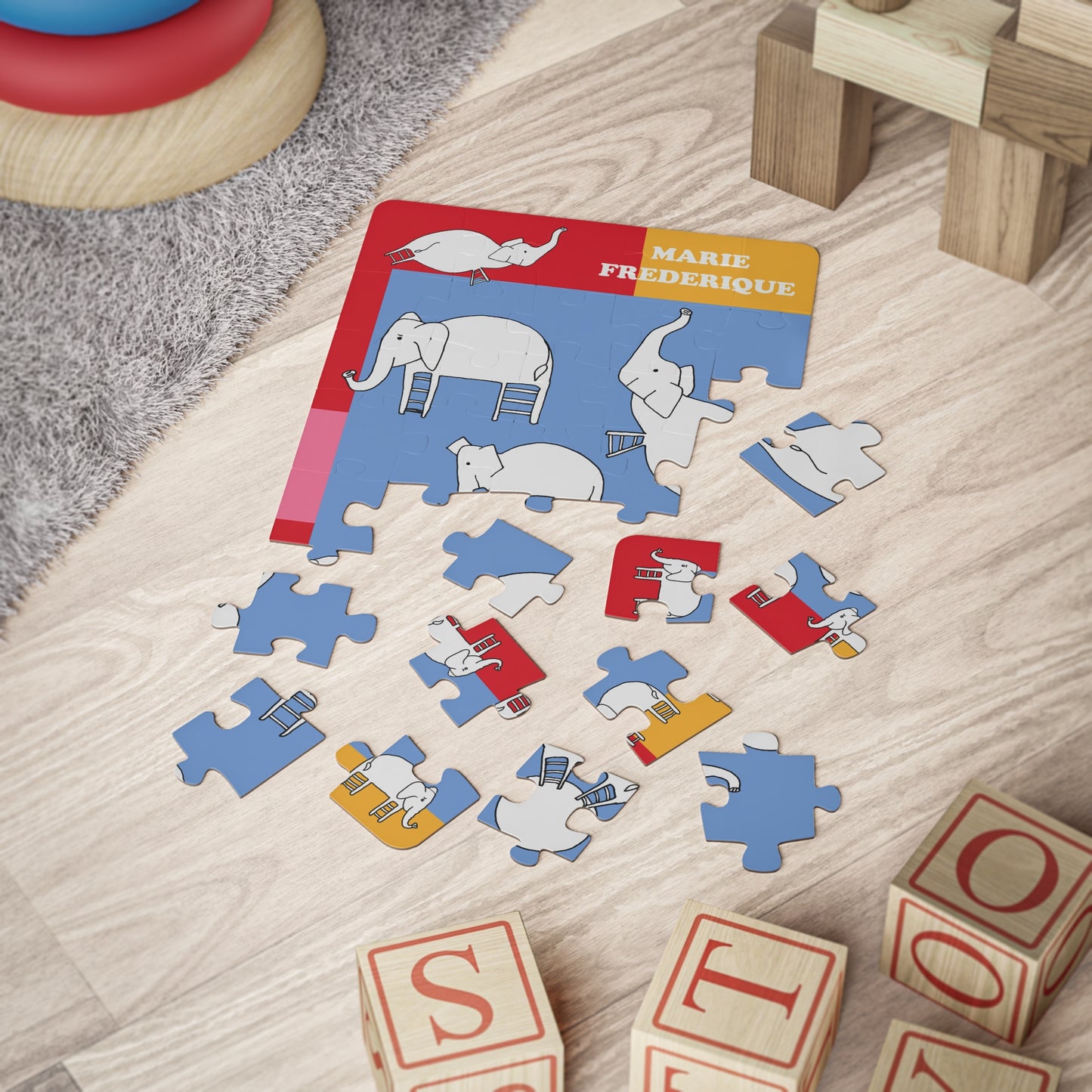 Kids' Puzzle 30-Piece Step Ladder Animals Collection Whimsical Safari Blue Elephant Design