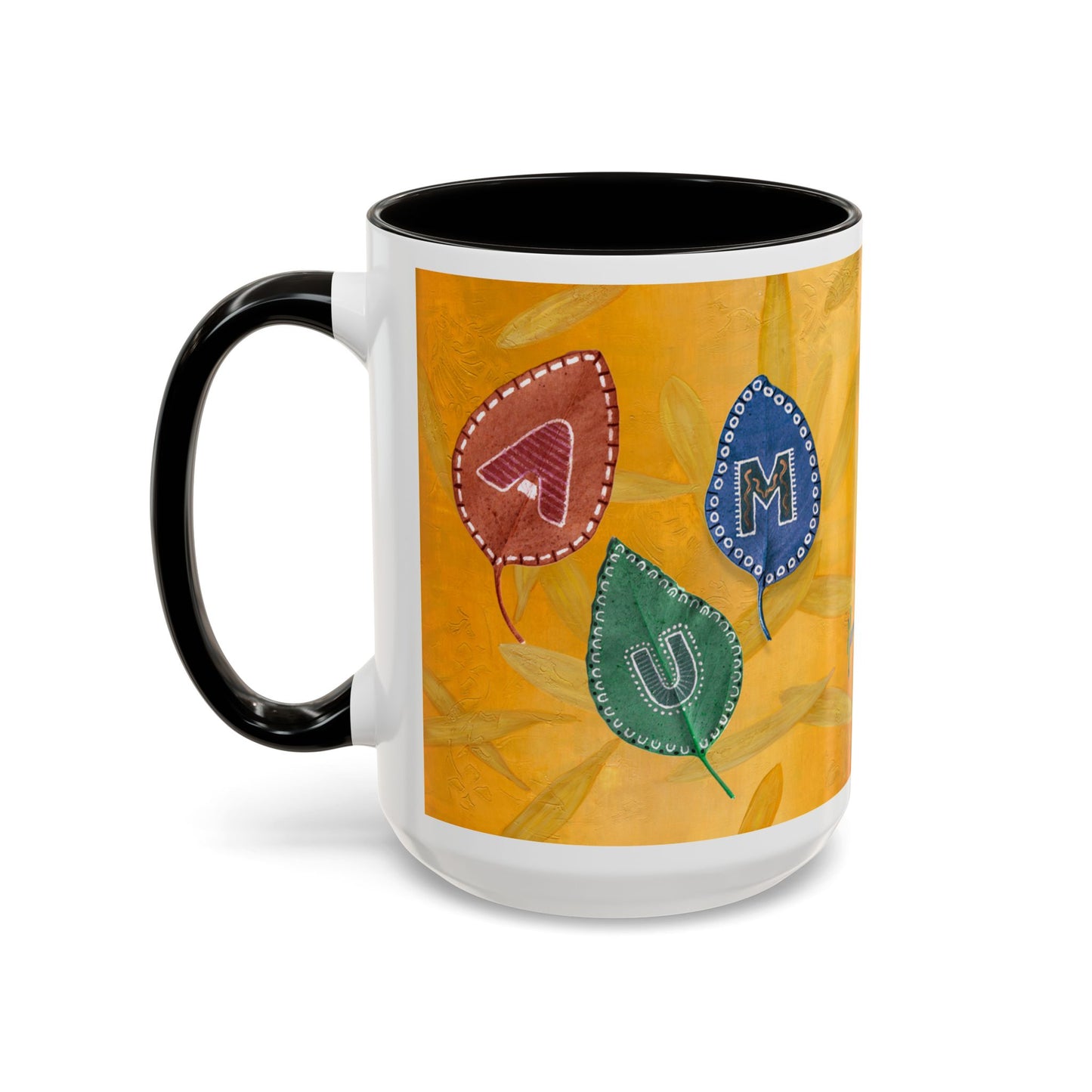 AUM/OM painted leaves spelling AUM & OM Mugs by Artist Marie Frederique