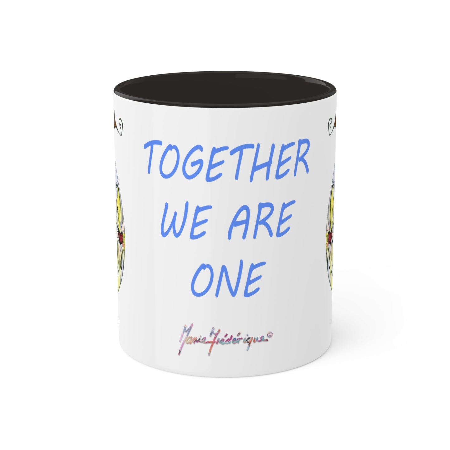 Whimsical - "Together we are one", Colorful Mug in Black, light green, pink and yellow, 11oz by Artist Marie Frederique