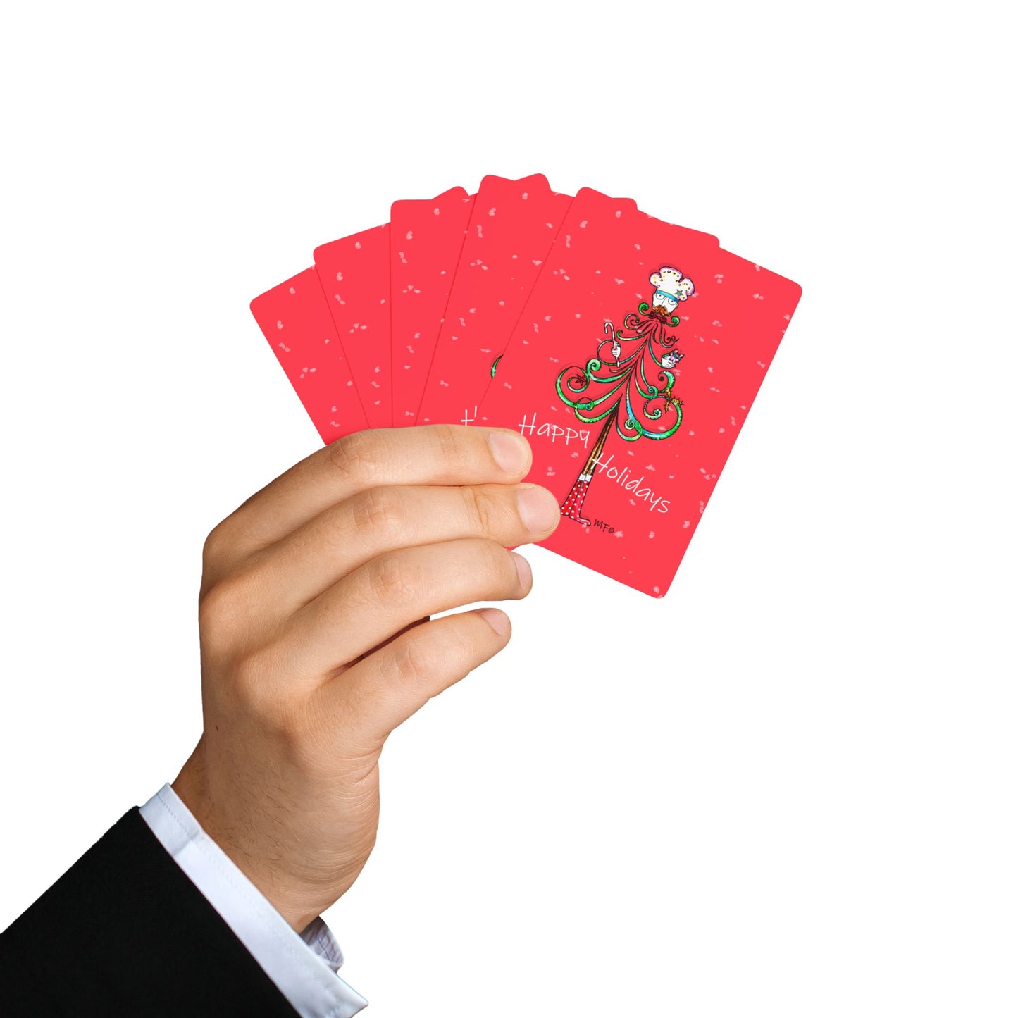 Christmas Happy Holiday-Themed Red Bridge/Poker Playing Cards Set - Festive Design with Ace of Spades by artist Marie Frederique