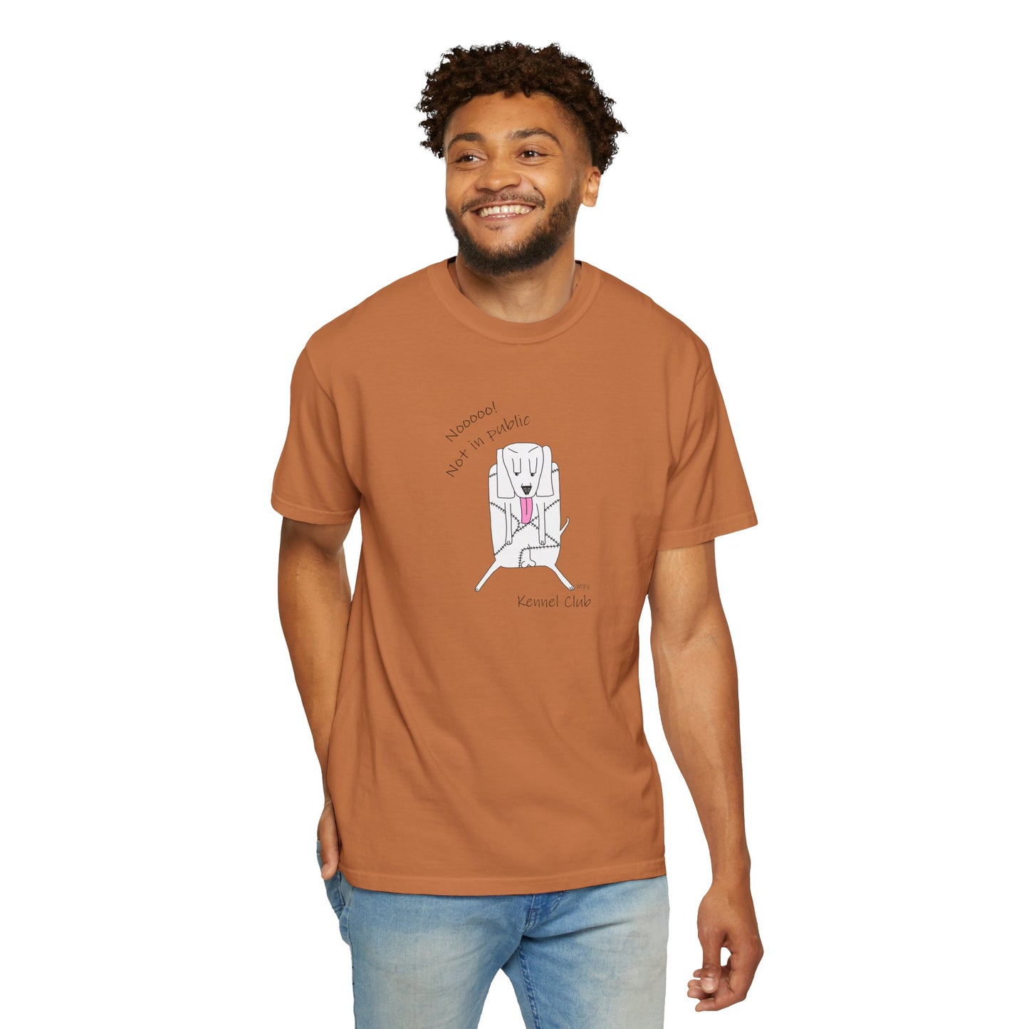 Kennel Club, "Nooooo! Not in public" Whimsical B & W Drawing of a patchwork dog licking - Unisex Garment-Dyed T-shirt by artist Marie Frederique