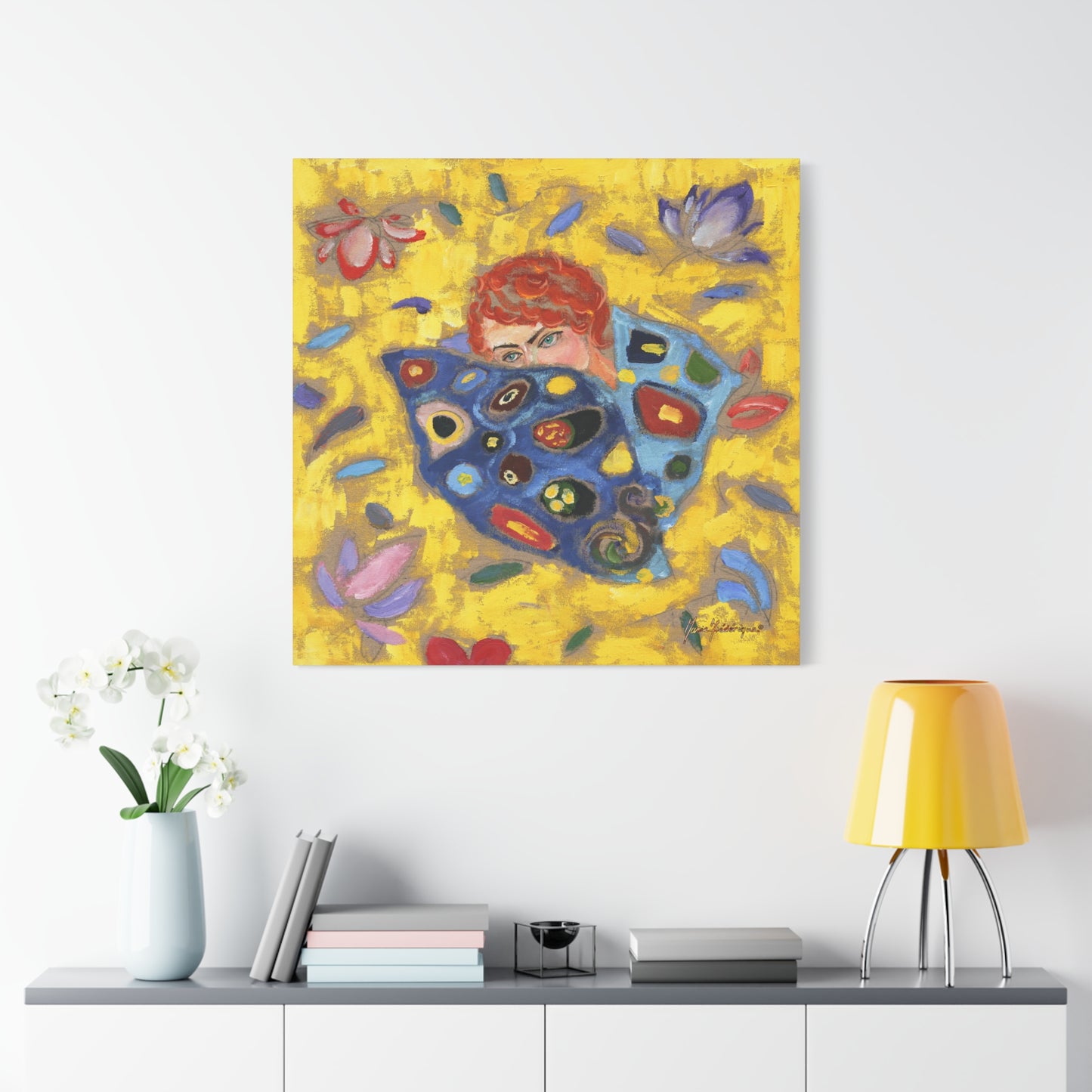 Rose 2 with vibrant yellow and blue Canvas Wall Art by artist Marie Frederique