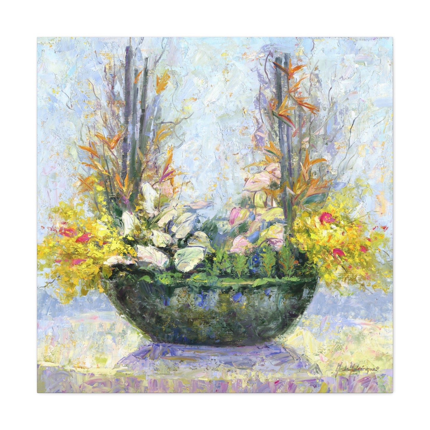 Floral Arrangement, Painterly style with Yellow and Blue - Oil Painting Print by artist Marie Frederique