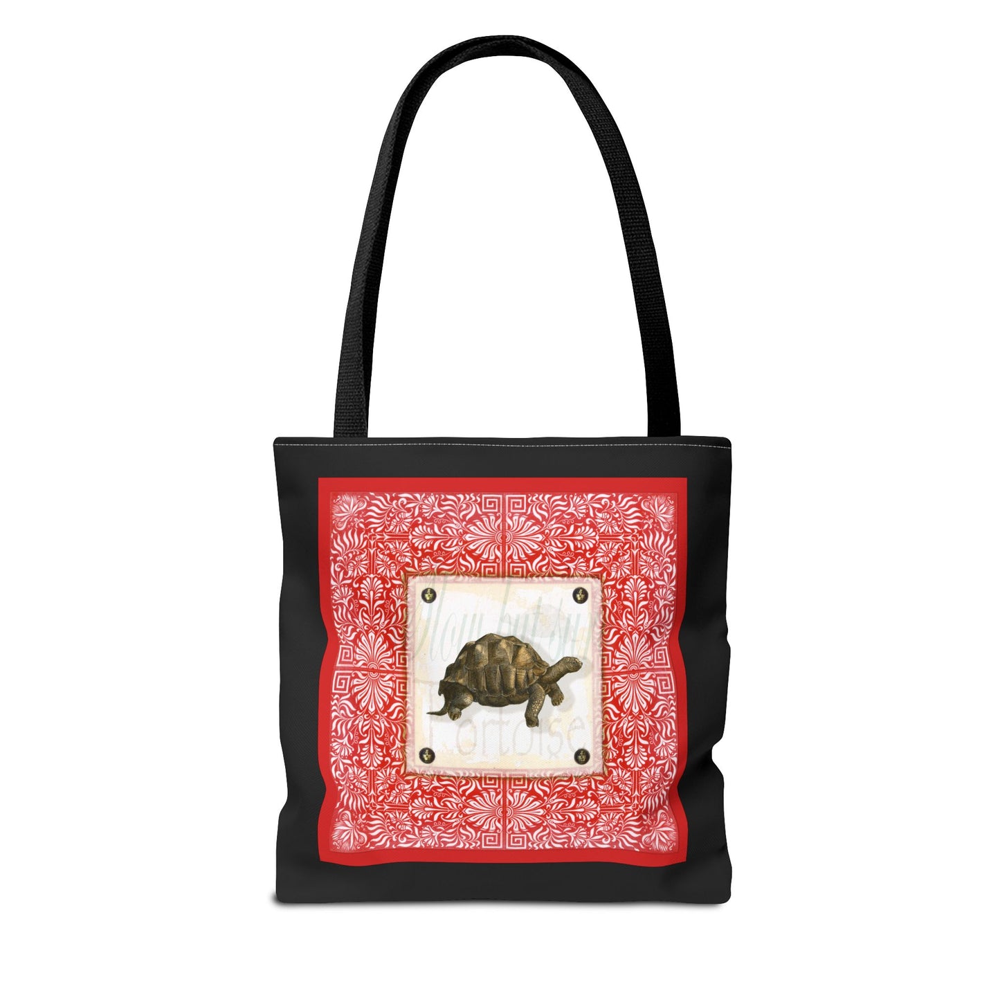 Tortoise, Red on black Tote Bag by artist Marie Frederique
