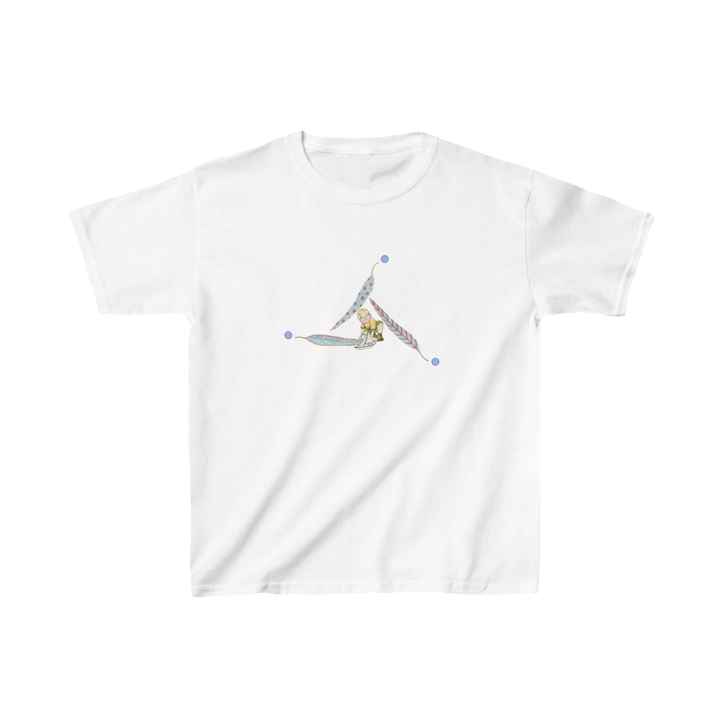 Child with a sailboat in a triangle of pastel painted leaves symbolizing Manifestation - Kids Heavy Cotton™ Tee by artist Marie Frederique