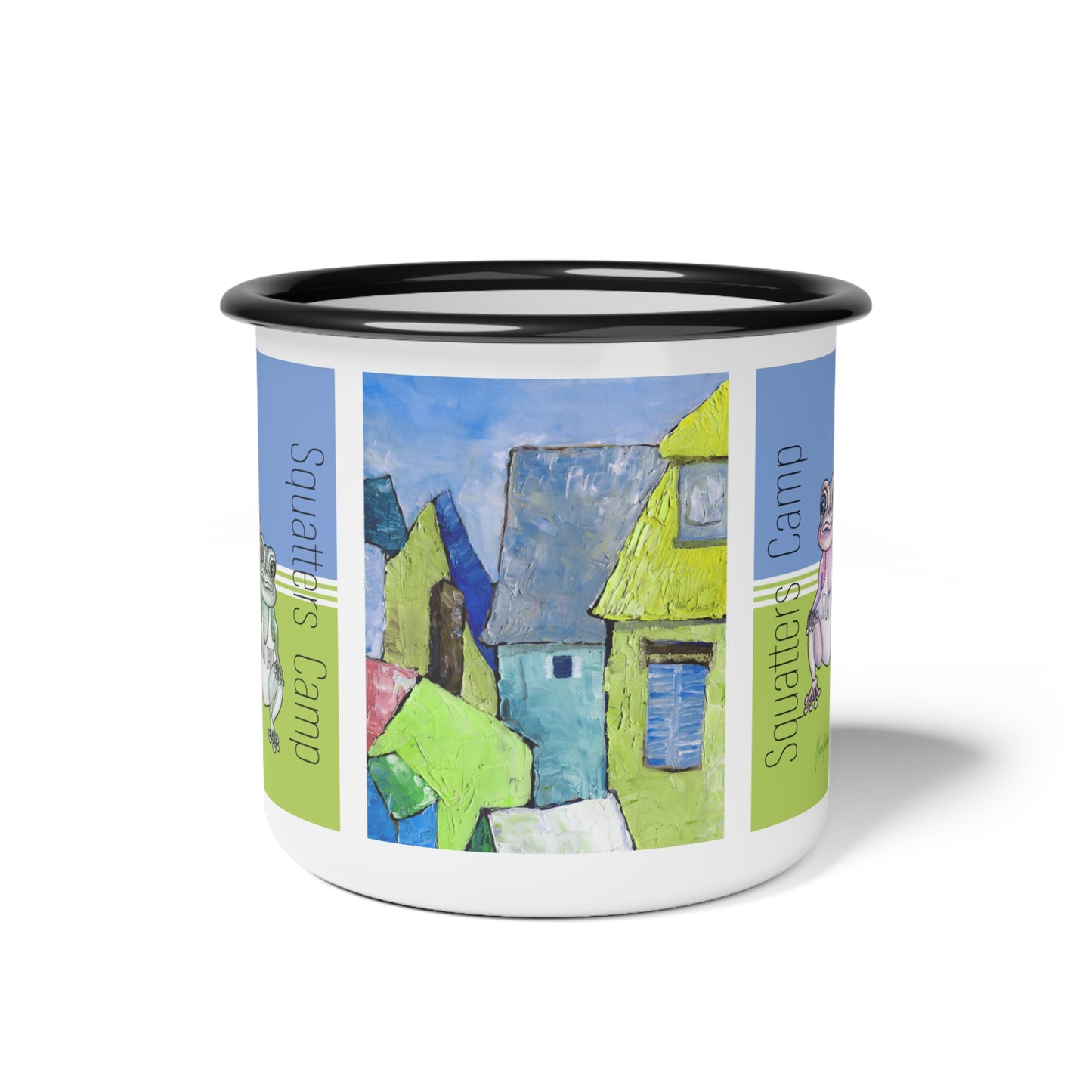 Squatters Camp, Frog Enamel Camping Mug by artist Marie Frederique