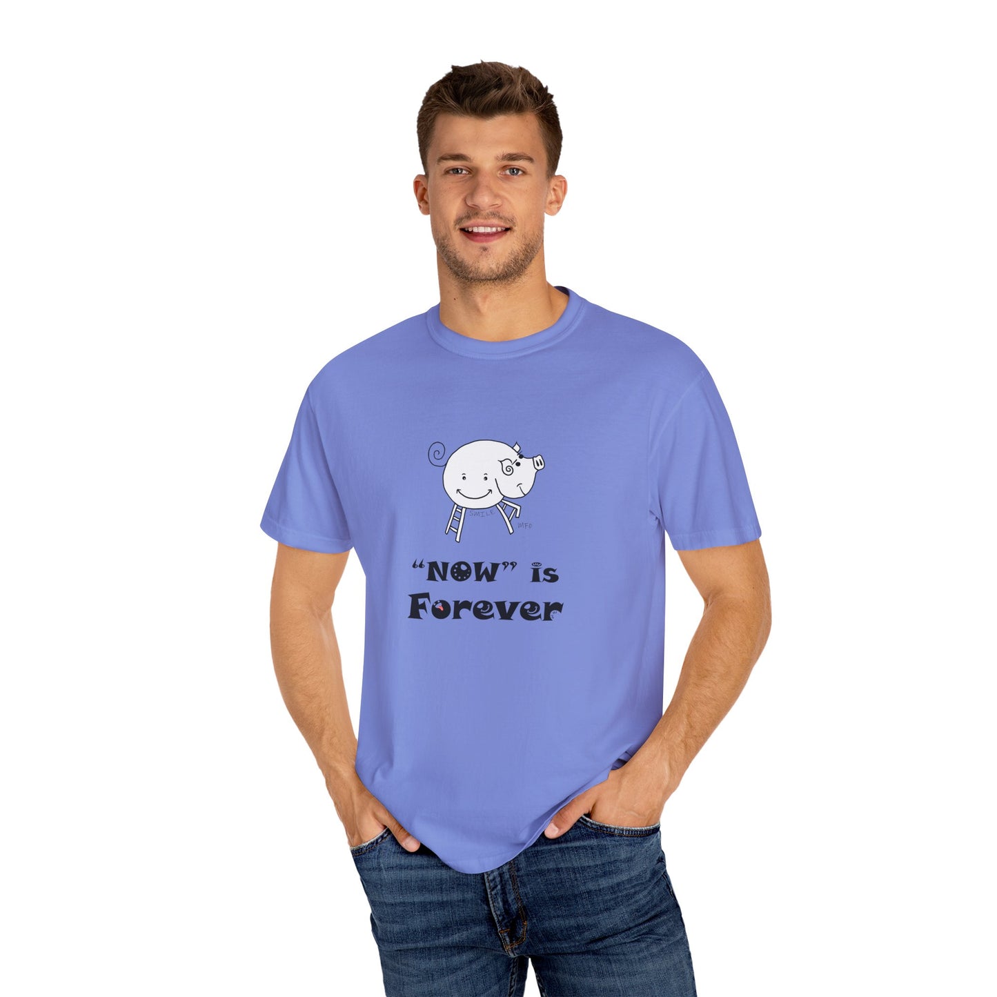 Pig lovers, "NOW" is Forever - Playful Tee for Mindfulness Enthusiasts by artist Marie Frederique