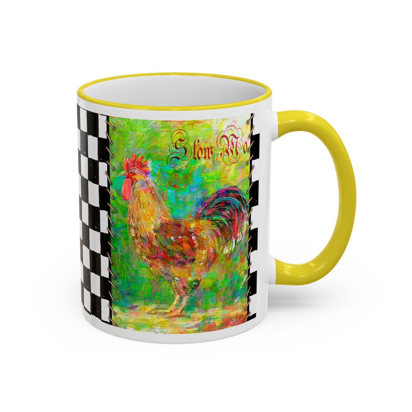 Checkerboard, Slo Mo & Sylvester Rooster Accent Rim Mug — Colorful Farmhouse Coffee Cup (11oz & 15oz) by artist Marie Frederique
