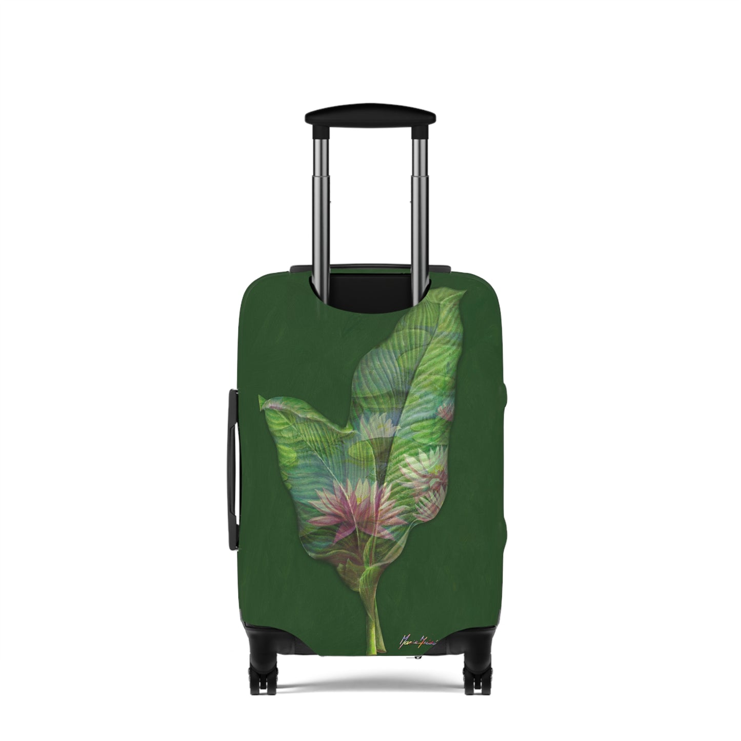 Luggage Cover, Pink Lotus flower and leaves on green By Artist Marie Frederique