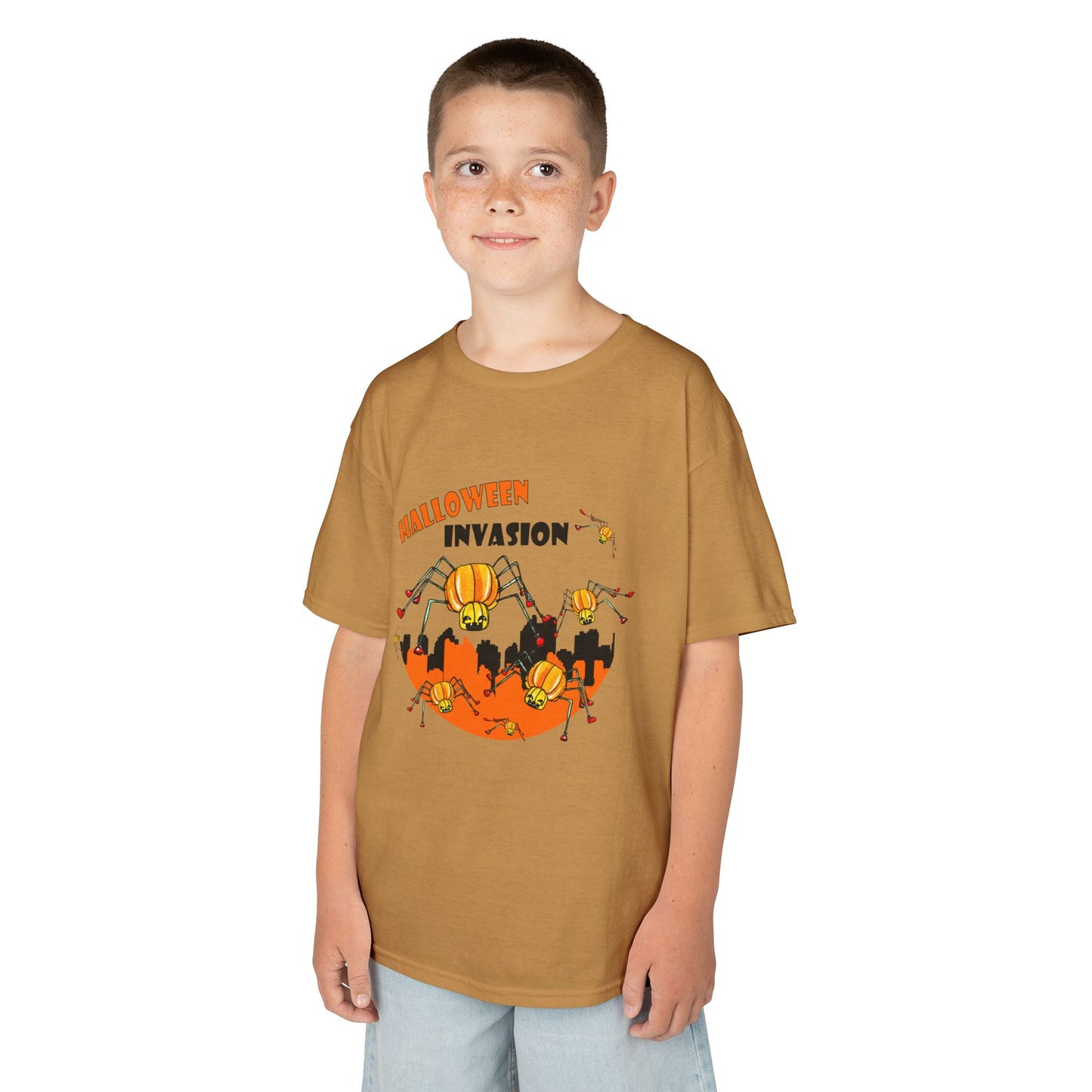 Kids Halloween Tee - Invasion of the Pumpkin Spiders Design by artist Marie Freder1que