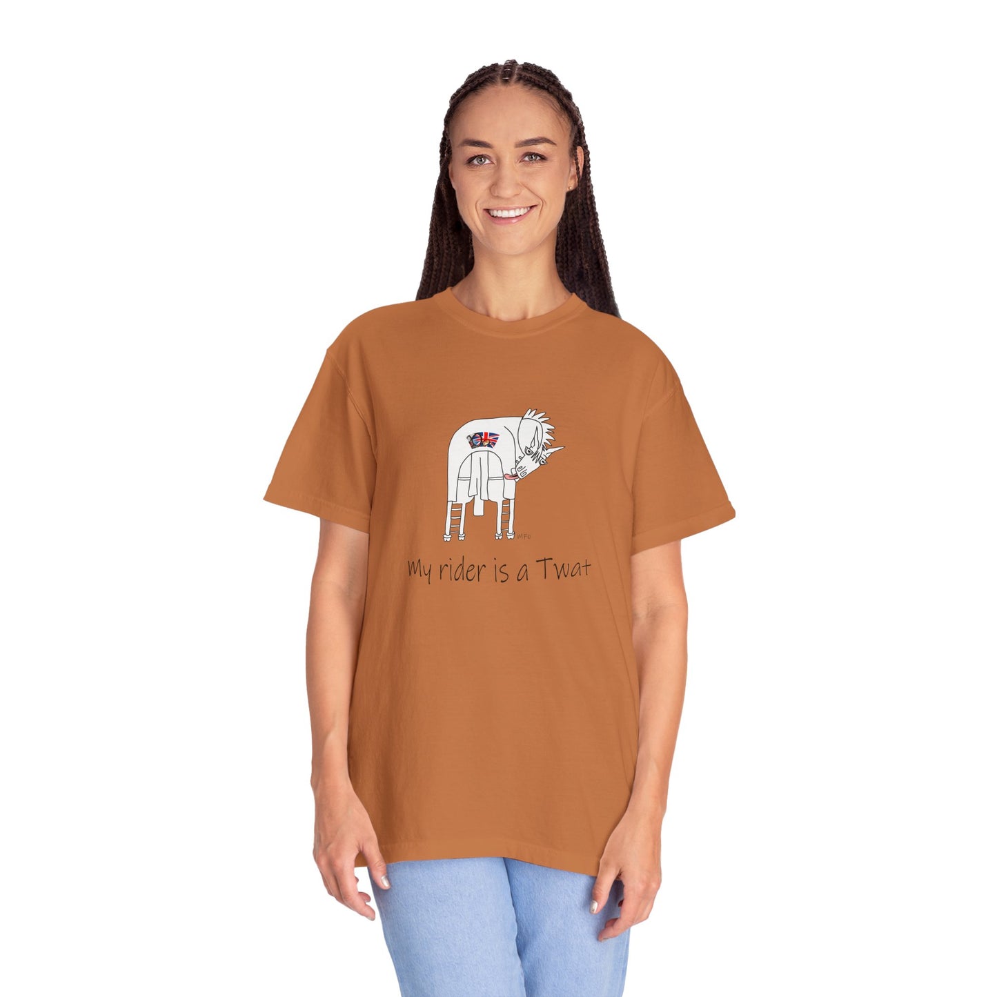 Equestrian British Humor Unisex Garment-Dyed T-Shirt - "My Rider is a Twat" by artist Marie Frederique