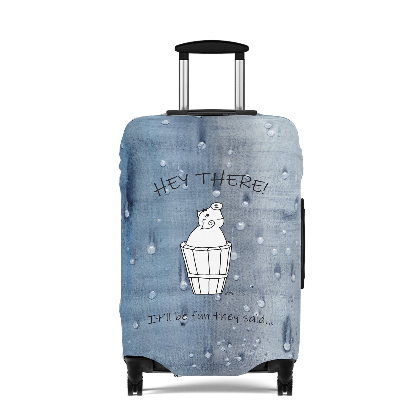 Luggage Cover, Mr. Pig - It'll be fun they said... on a blue wet look background by artist Marie Frederique
