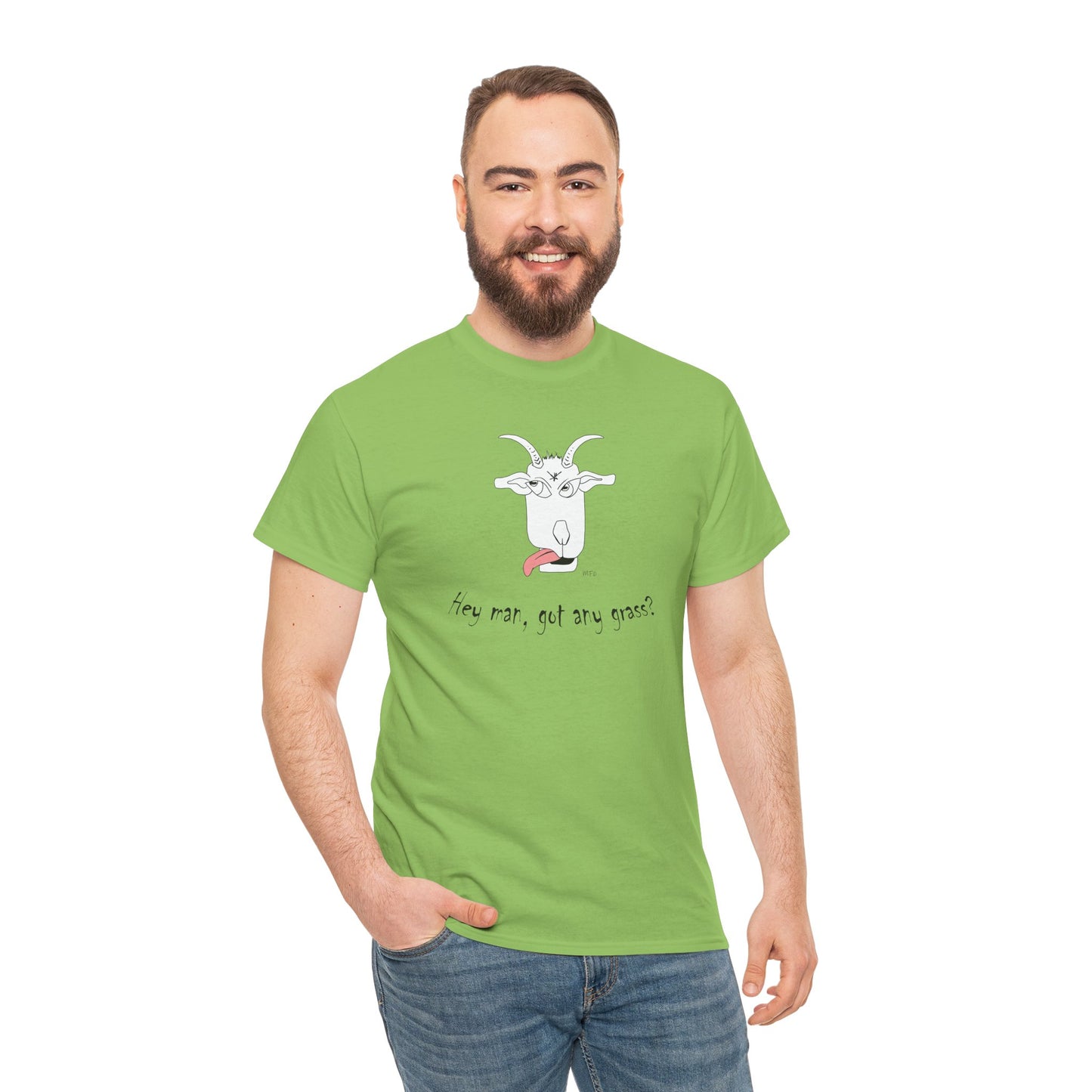 Funny Goat Tee - 'Hey Man, Got Any Grass?' Unisex Heavy Cotton T-Shirt by artist Marie Frederique