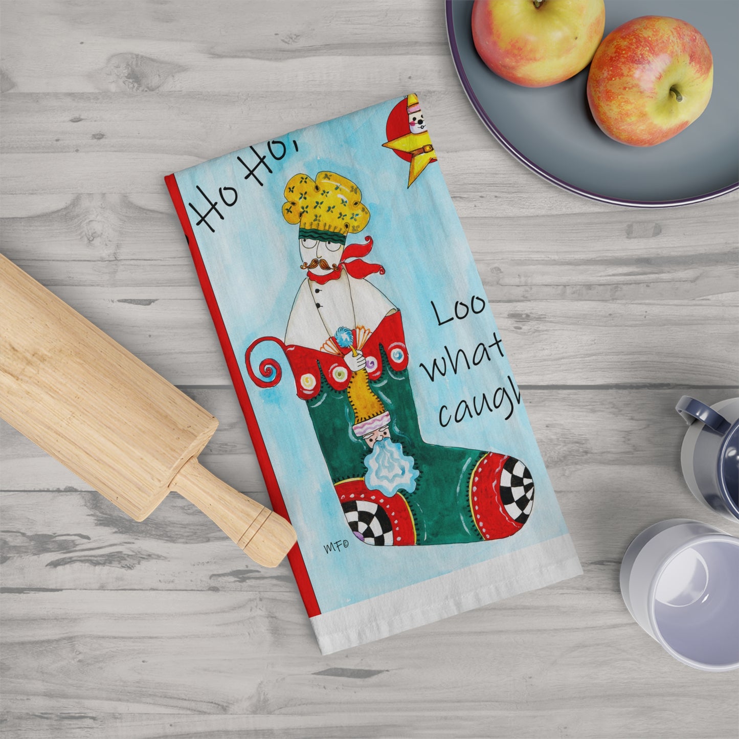 Christmas Chef Tea Towel - Ho Ho Ho, Look what I caught! by artist Marie Frederique