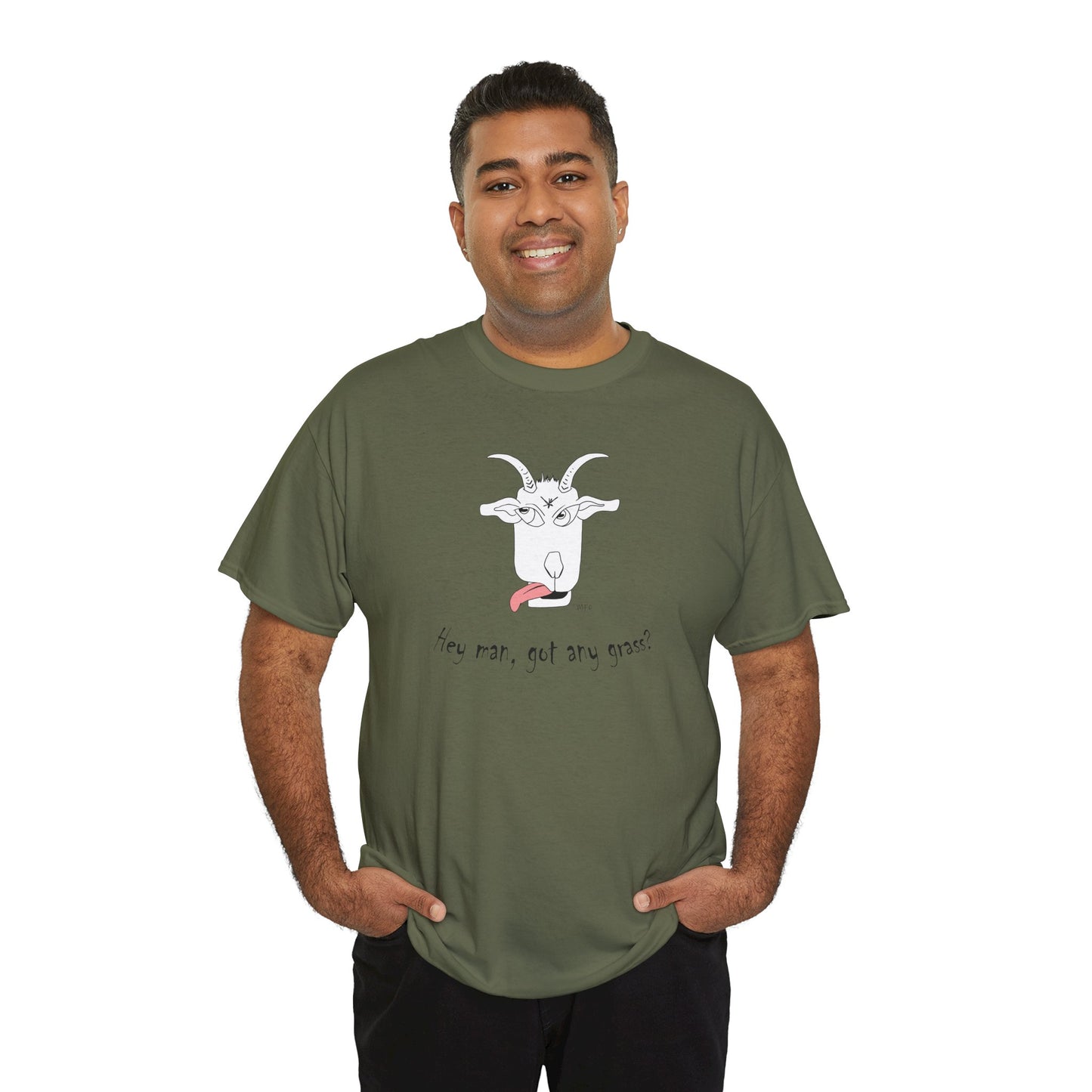 Funny Goat Tee - 'Hey Man, Got Any Grass?' Unisex Heavy Cotton T-Shirt by artist Marie Frederique