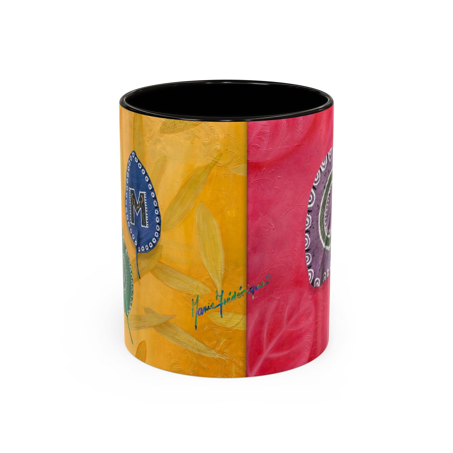 AUM/OM painted leaves spelling AUM & OM Mugs by Artist Marie Frederique