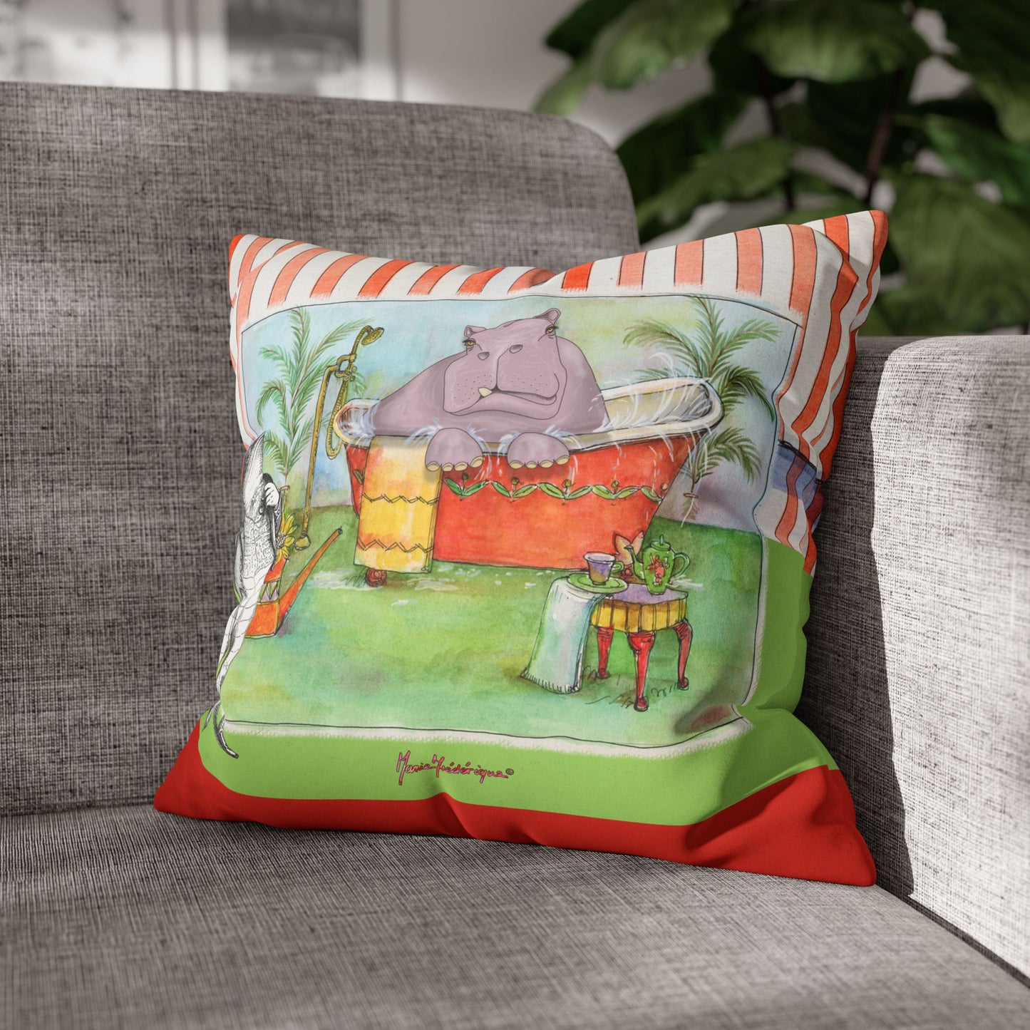Hippo Bathtub Faux Suede Pillowcase – by artist Marie Frederique