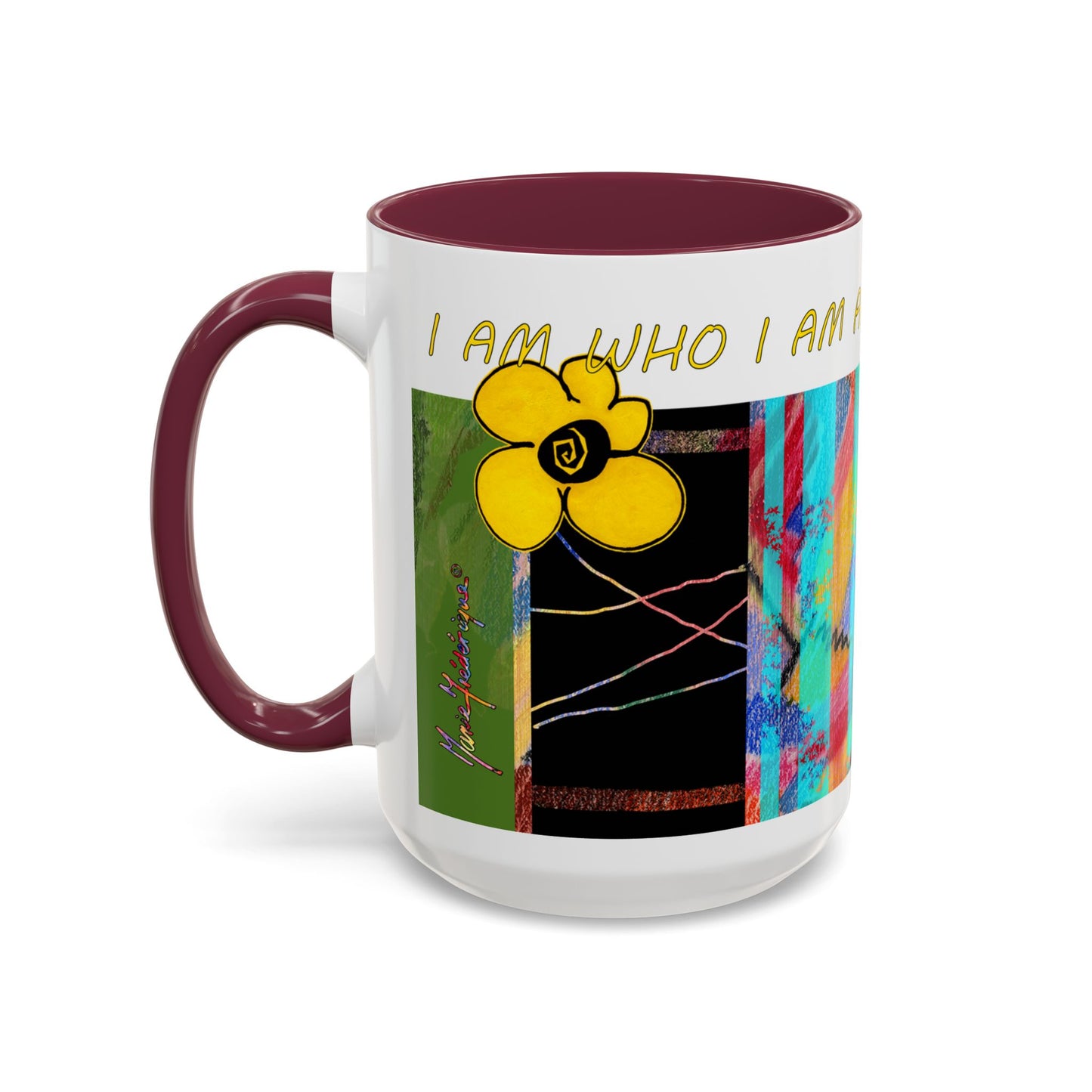 I am who I am and that is enough, multicolored abstract mug by artist Marie Frederique