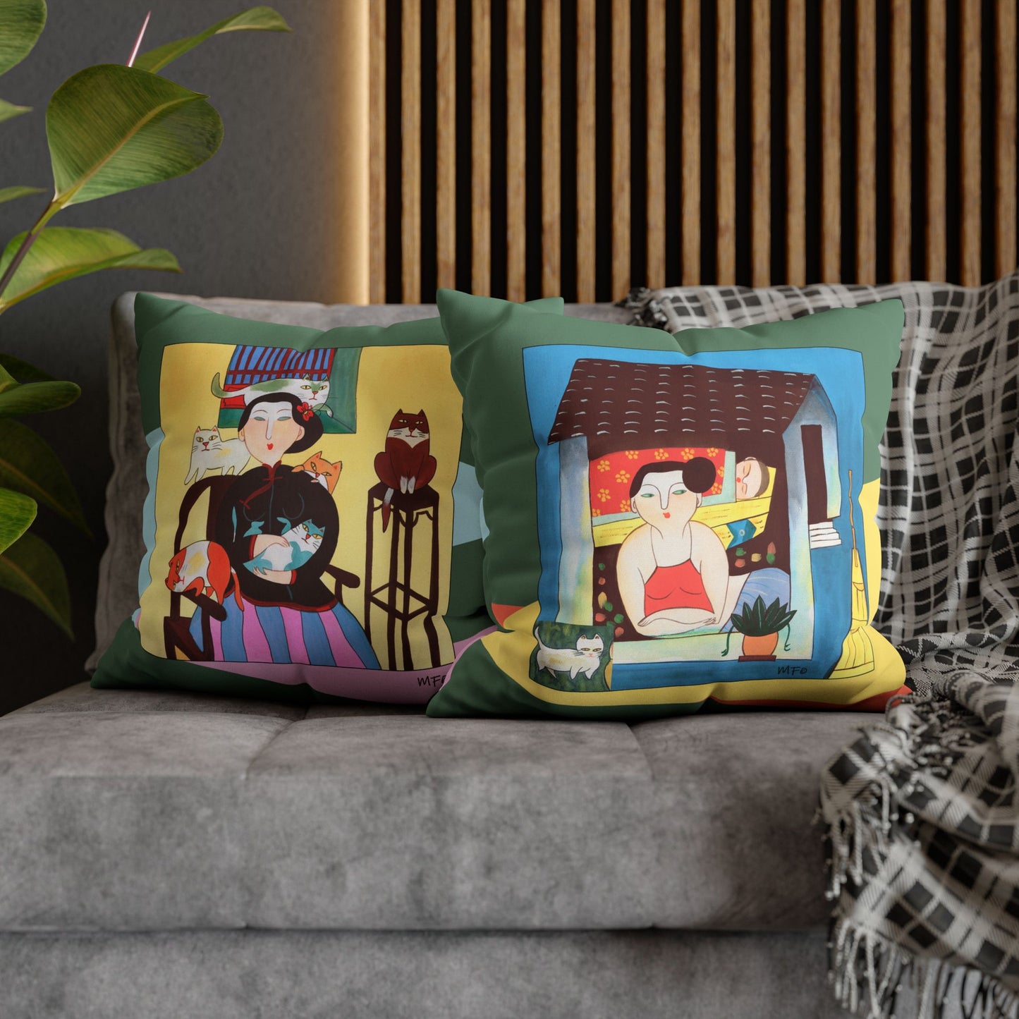 Village scenes, Faux Suede Pillowcase — Colorful Retro Home Decor by artist Marie Frederique