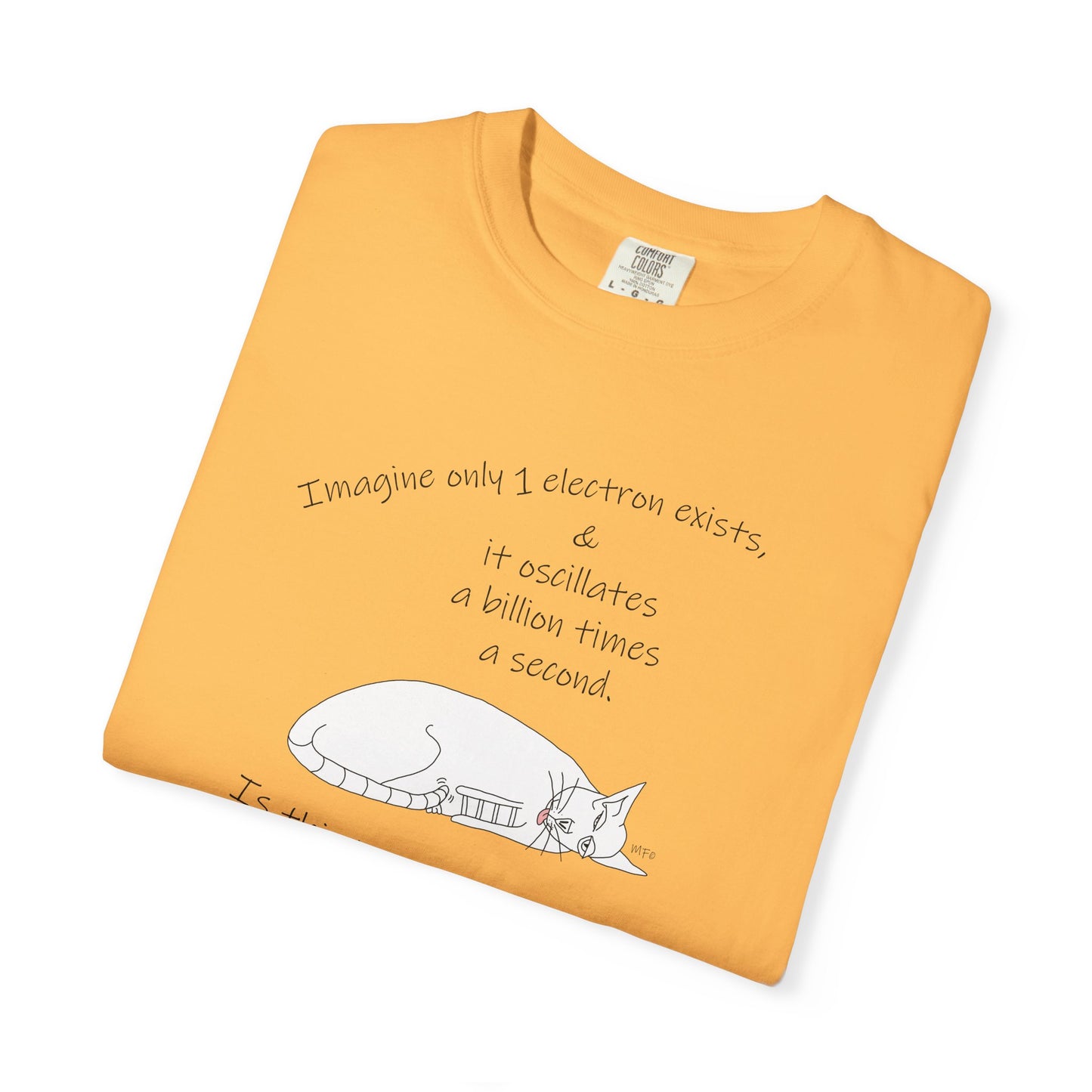Quantum theoretical physics, Electron? "Imagine only 1 electron exists, play on theorem, Unisex Garment-Dyed T-shirt by artist Marie Frederique