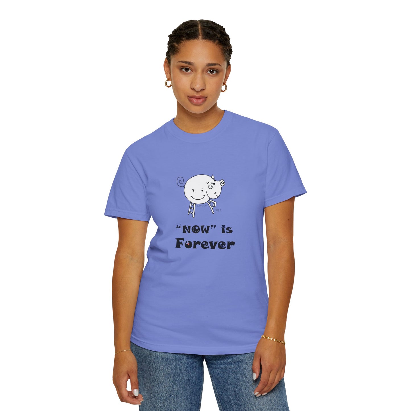 Pig lovers, "NOW" is Forever - Playful Tee for Mindfulness Enthusiasts by artist Marie Frederique