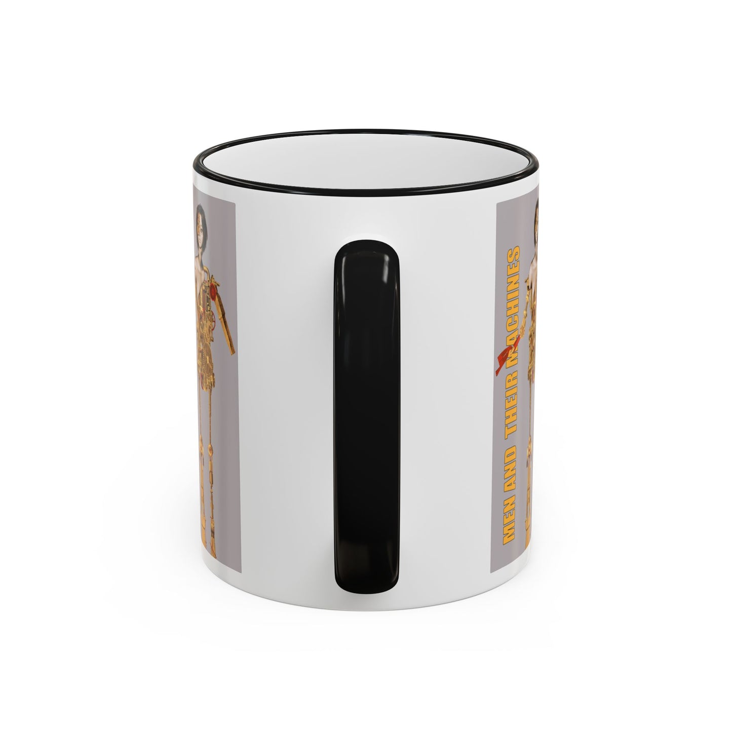 Retro Steampunk Figurine, Men and their Machines - Accent Rim Coffee Cup (11oz/15oz) by artist Marie Frederique