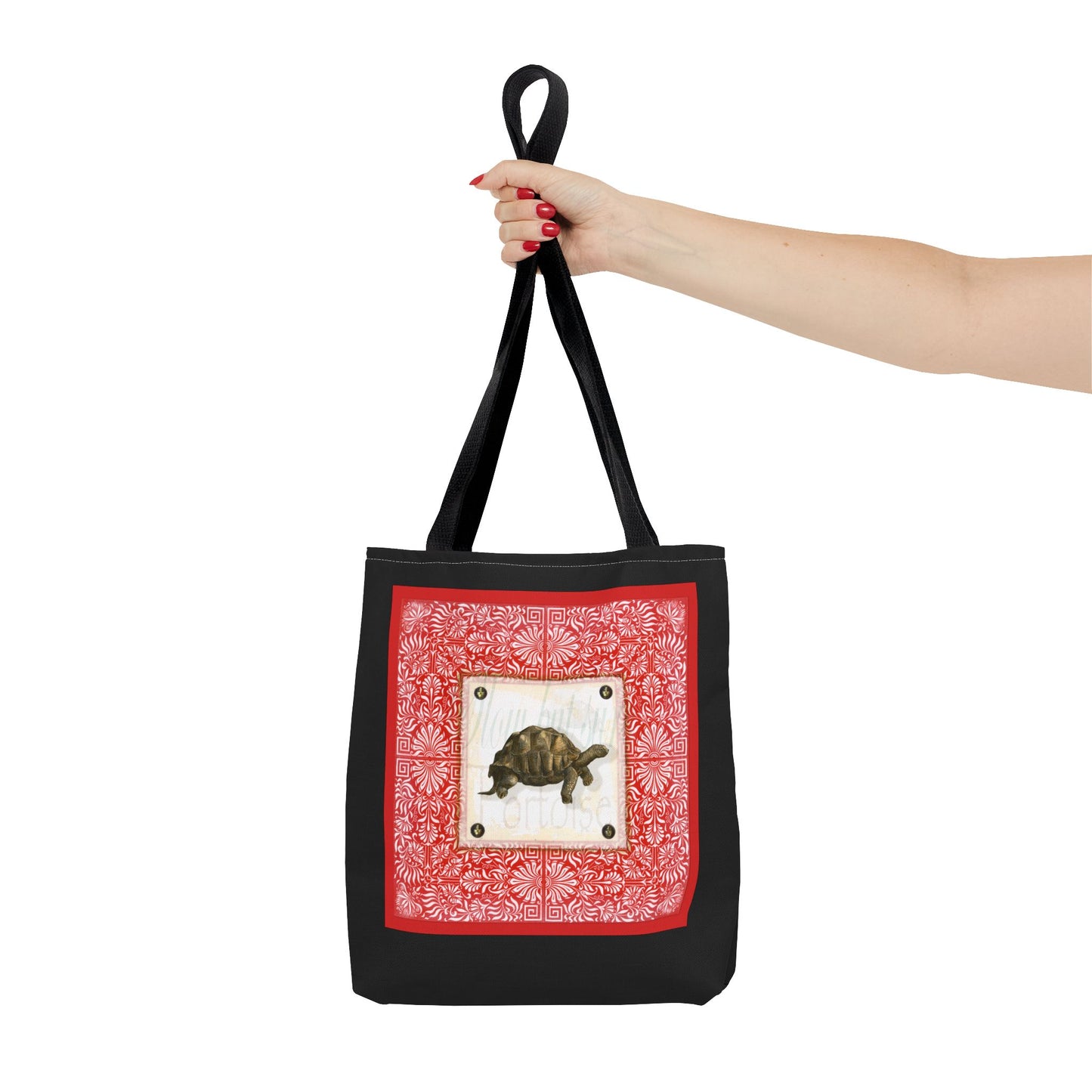 Tortoise, Red on black Tote Bag by artist Marie Frederique