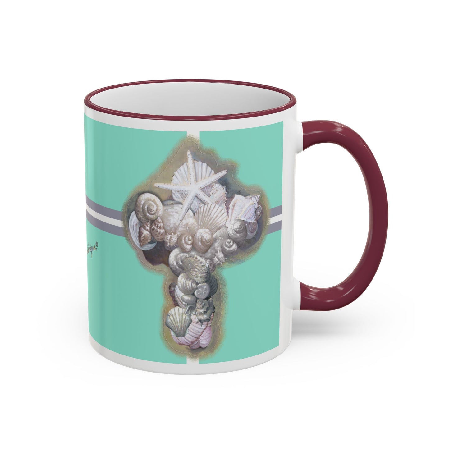 Seashell Cross, Accent Rim Mug — Christian Coffee Cup (11oz/15oz) by artist Marie Frederique