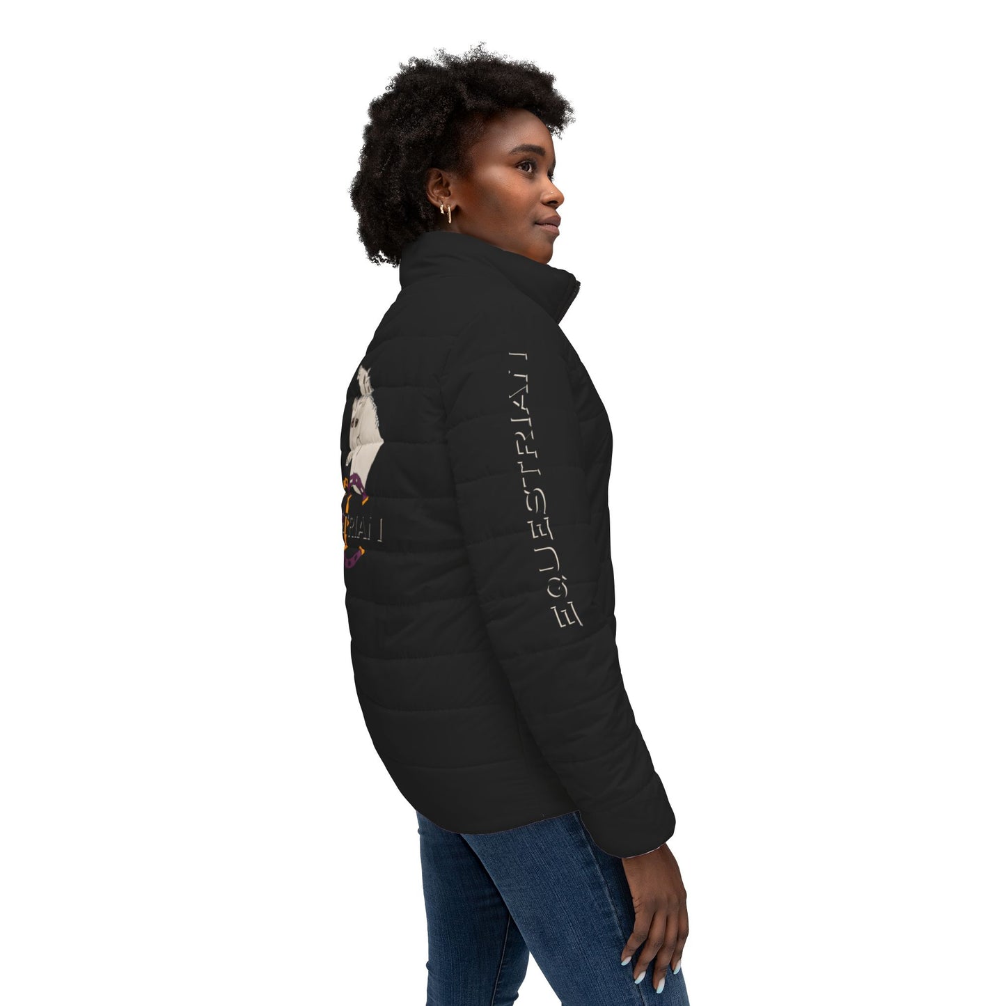Equestrian Women’s Black Puffer Jacket by artist Marie Frederique
