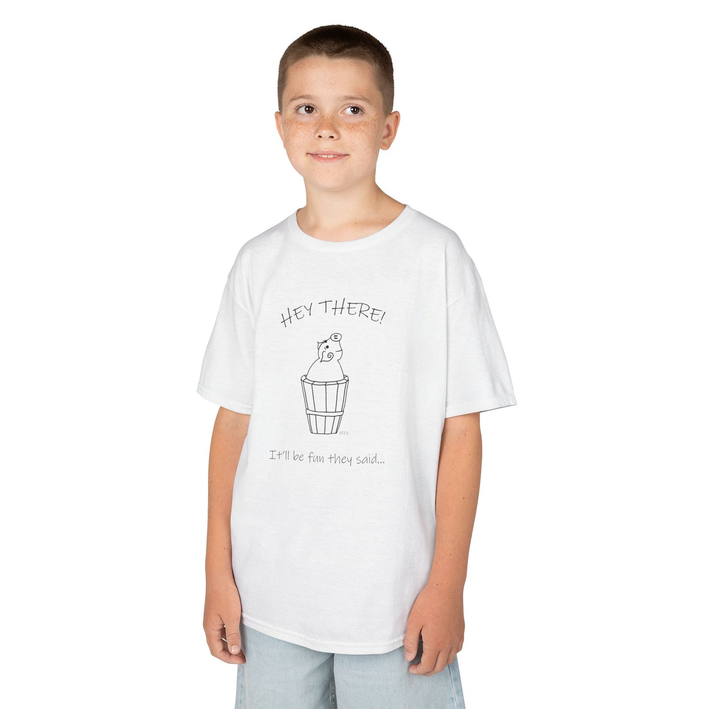 Pig in a barrel - HEY THERE! It'll be fun they said, Kids Heavy Cotton™ Tee by artist Marie Frederique
