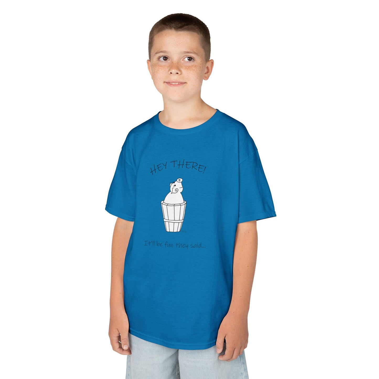 Pig in a barrel - HEY THERE! It'll be fun they said, Kids Heavy Cotton™ Tee by artist Marie Frederique