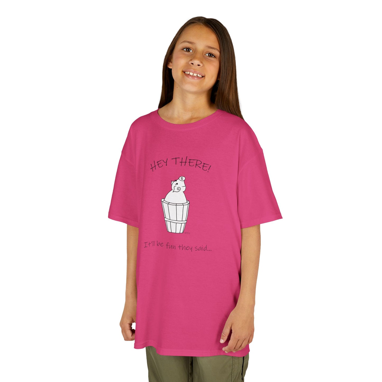 Pig in a barrel - HEY THERE! It'll be fun they said, Kids Heavy Cotton™ Tee by artist Marie Frederique