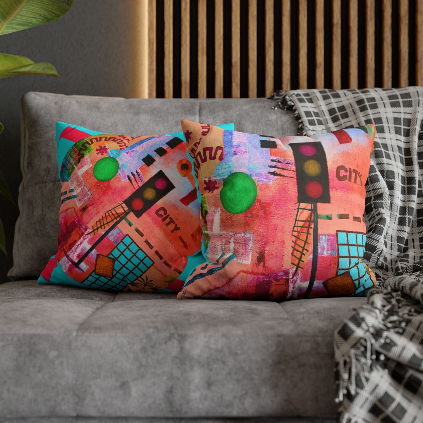 Urban City-Themed Faux Suede Pillowcase by artist Marie Frederique (Pillow not included)